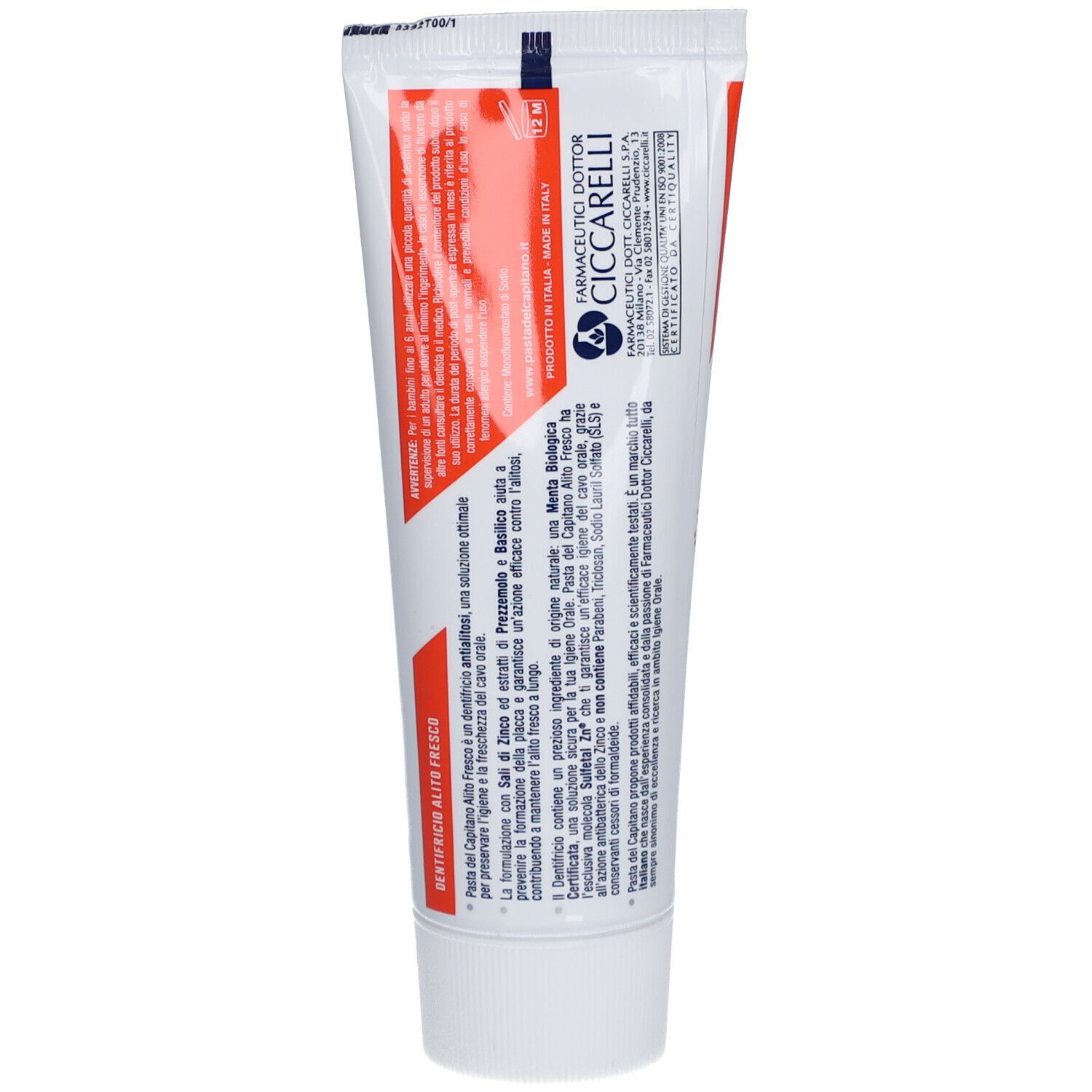 Rückseite einer Zahnpasta-Tube. Textinformationen und Logo von Ciccarelli. Weiße Tube mit roter und blauer Schrift.