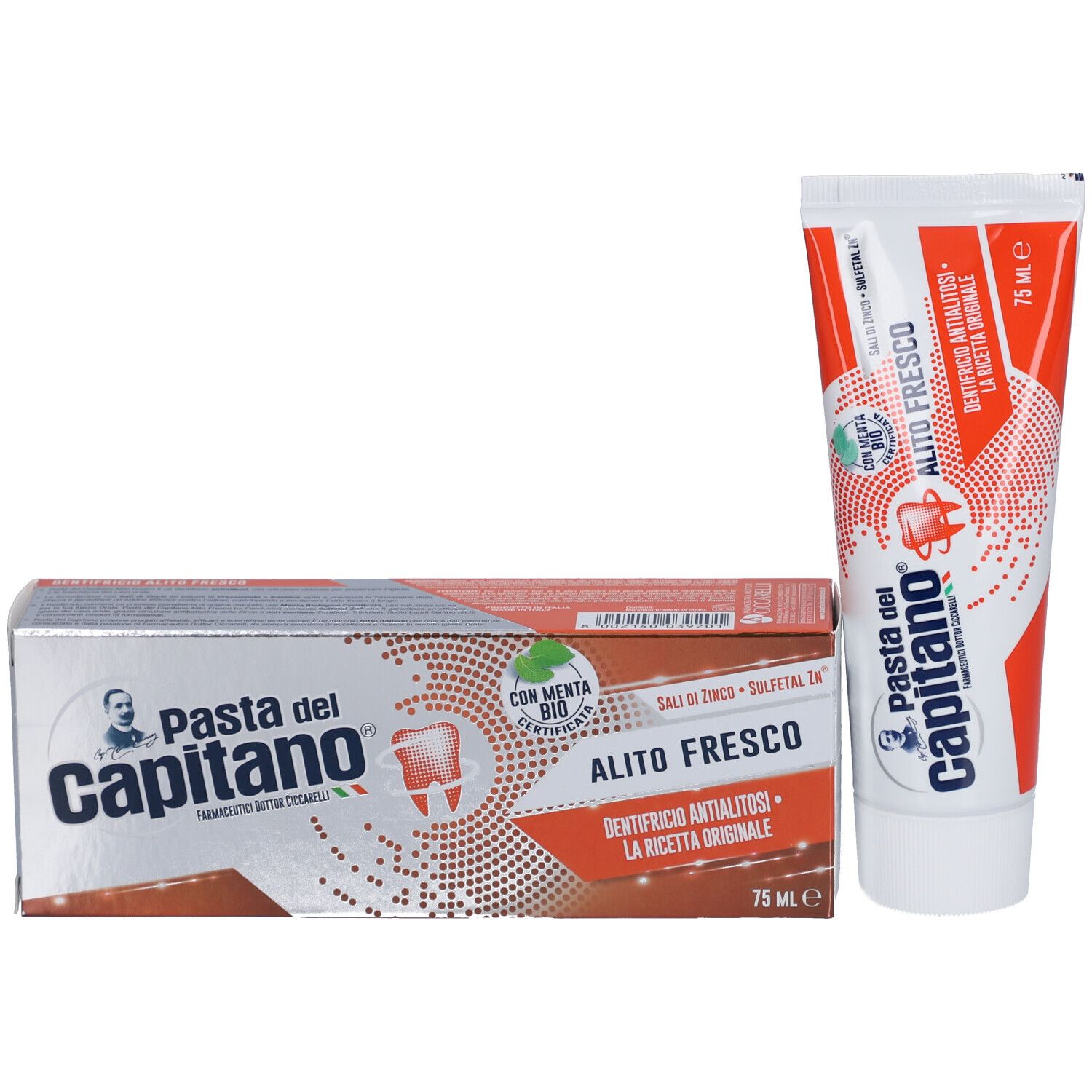 Zahnpasta-Tube und -Schachtel. Aufschrift: Pasta del Capitano, Alito Fresco, mit Bio-Minze. Rotes und weißes Design.