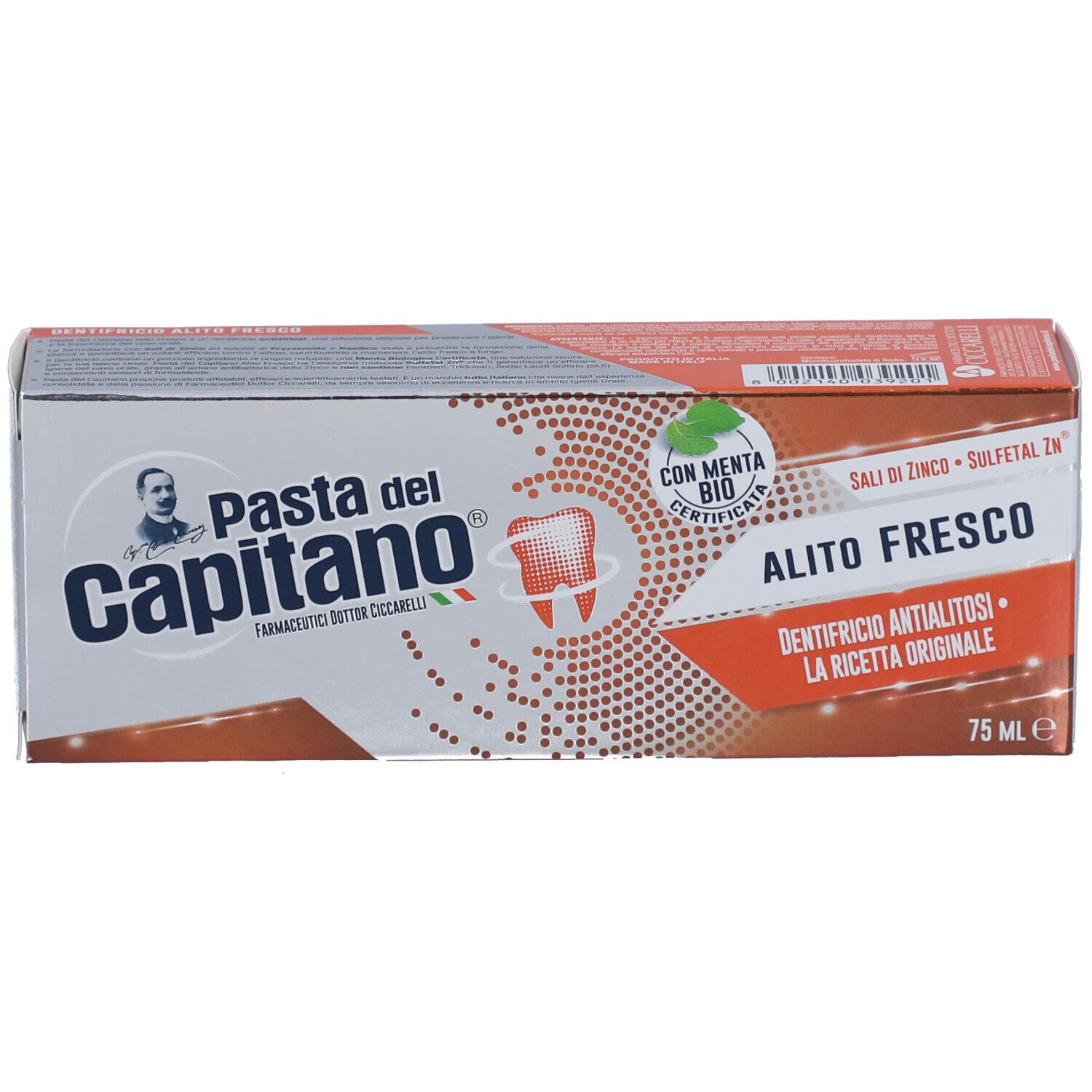Zahnpasta-Schachtel. Aufschrift: Pasta del Capitano, Alito Fresco, mit Bio-Minze. Rotes und weißes Design. 75 ml.