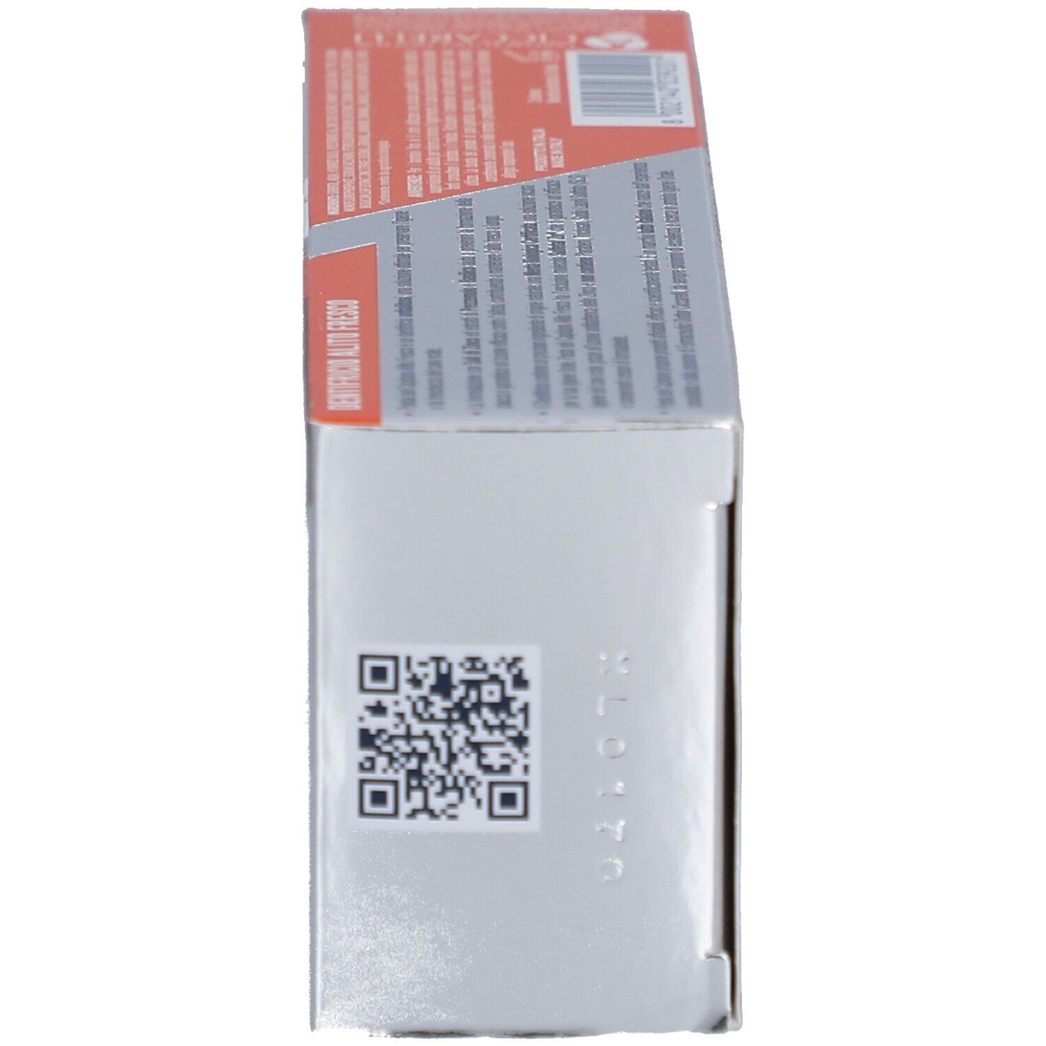 Zahnpasta-Schachtel, Seitenansicht. QR-Code und Text. Weiß mit rotem und braunem Design.