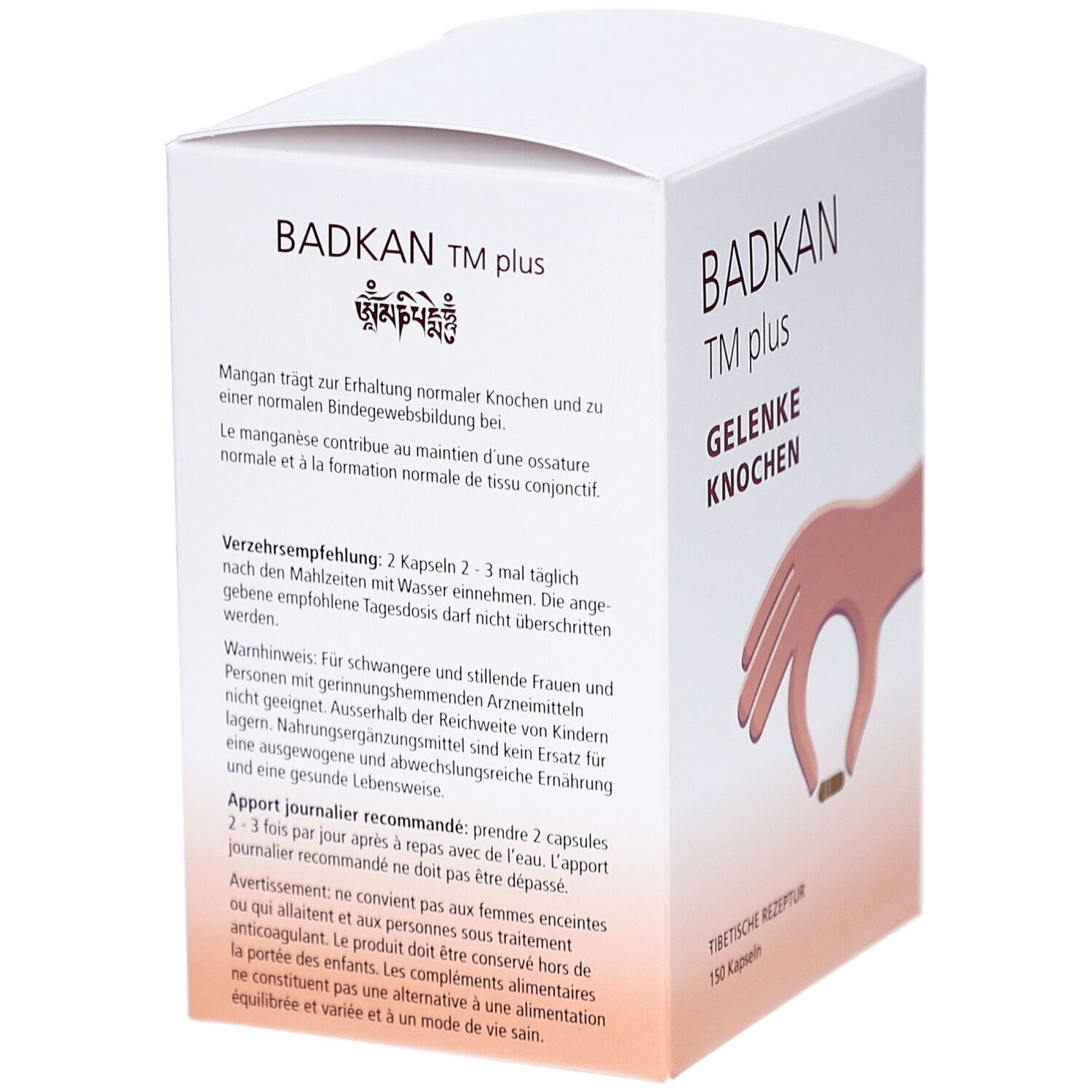 Boîte blanche BADKAN TM plus. Texte : Articulations, os. Illustration main avec gélule. Texte et recette tibétaine. 150 gélules.