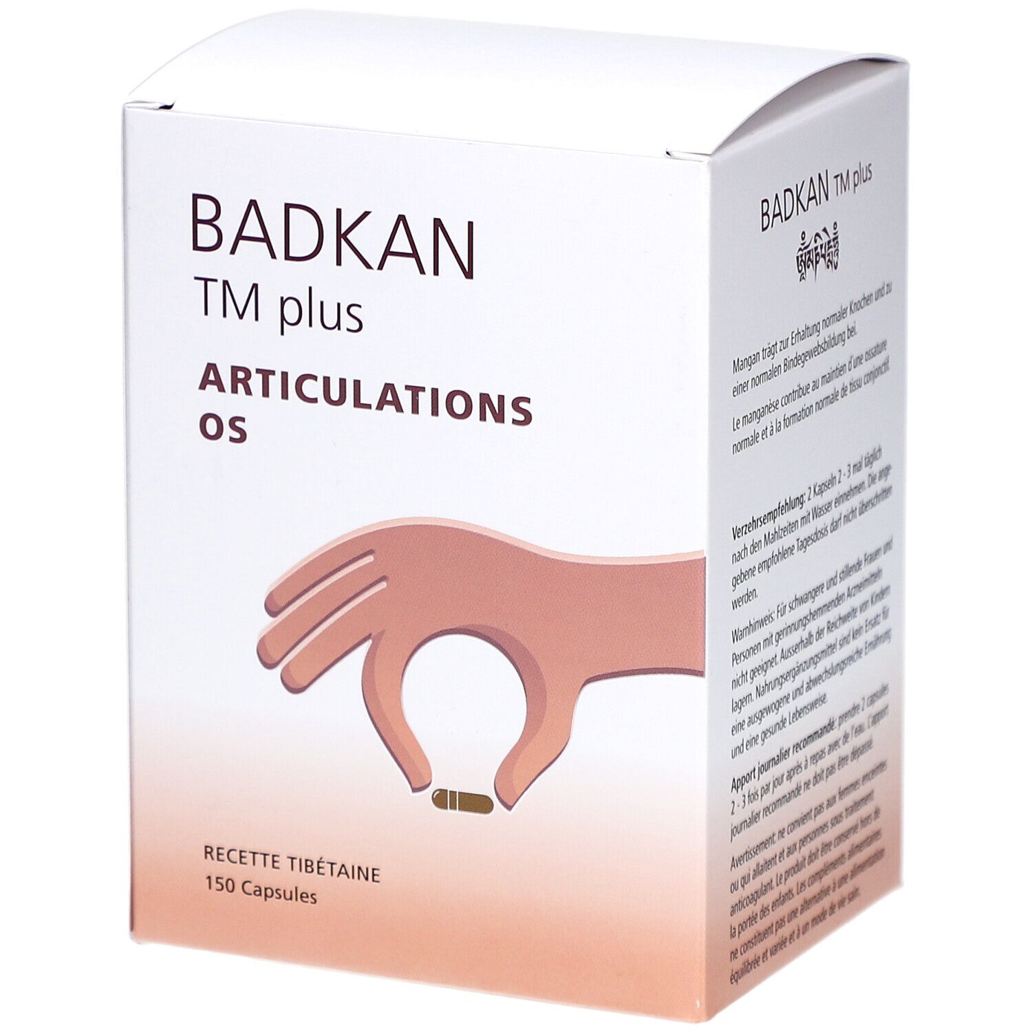 Boîte blanche BADKAN TM plus. Inscription : Articulations, os. Illustration d'une main avec une gélule. 150 gélules. Recette tibétaine.