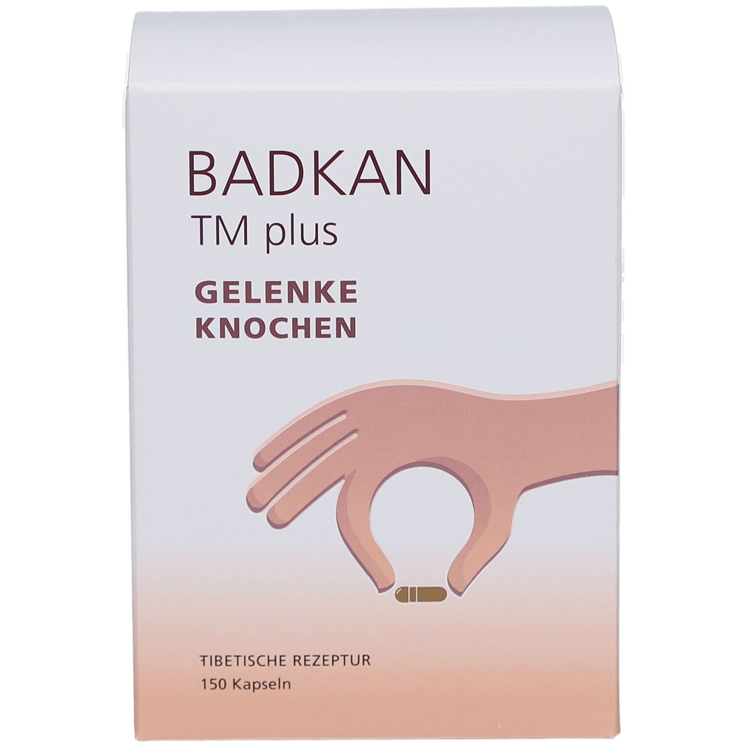 Boîte blanche BADKAN TM plus. Inscription : Articulations, os. Illustration d'une main avec une gélule. 150 gélules. Recette tibétaine.