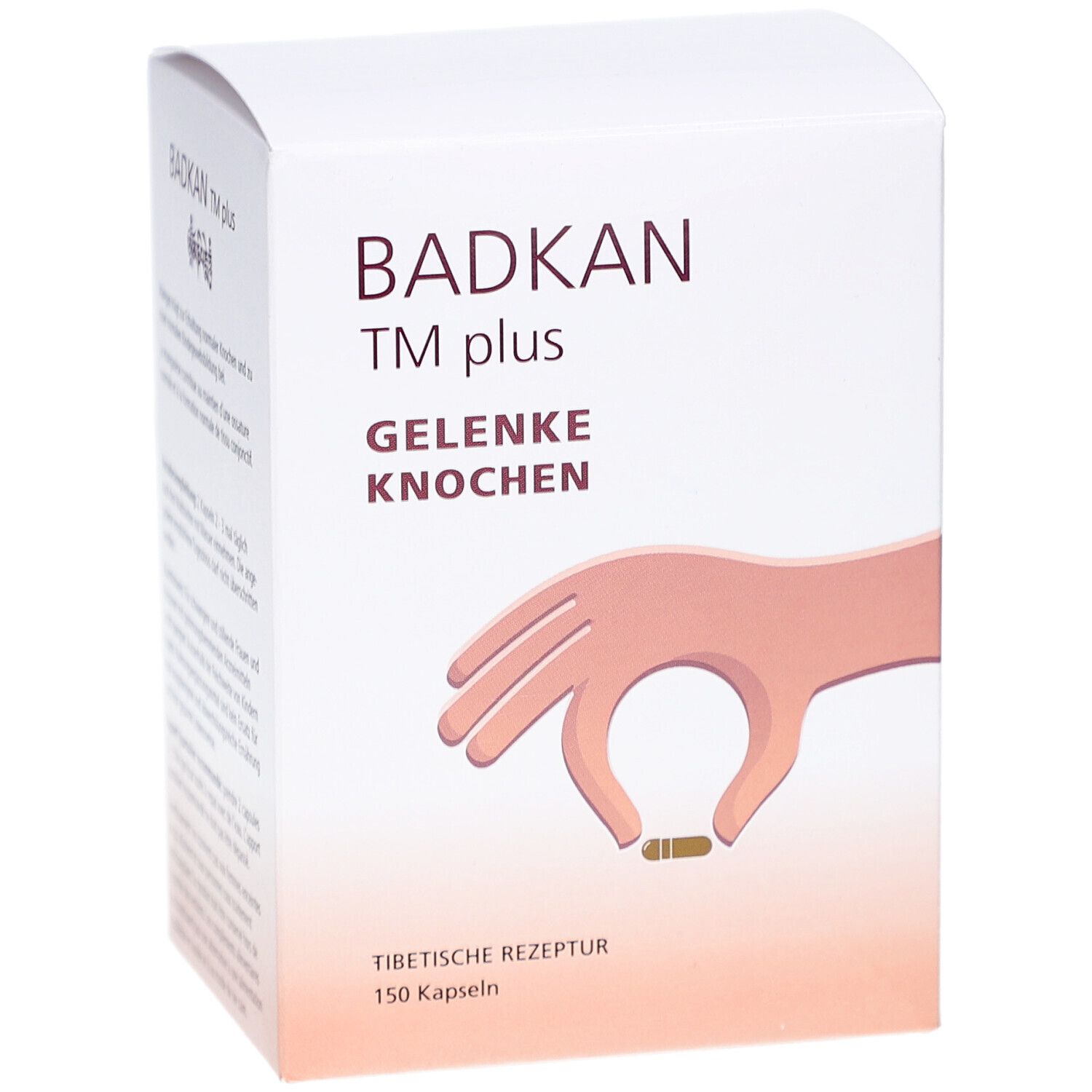 Boîte blanche BADKAN TM plus. Inscription : Articulations, os. Illustration d'une main avec une gélule. 150 gélules. Recette tibétaine.