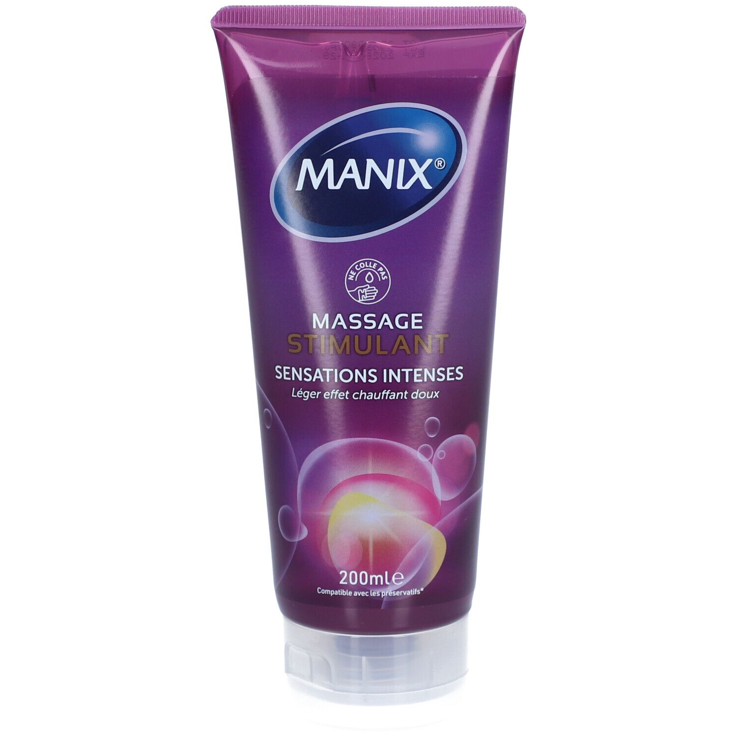 Lila Tube mit MANIX Logo und Produktbezeichnung. "Massage Stimulant" und "Sensations Intenses" sind sichtbar.