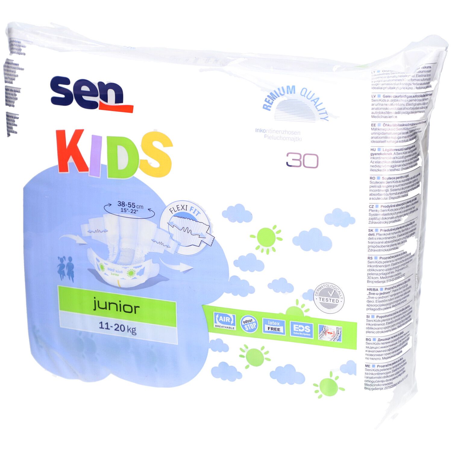 Packung SENI Kids Junior Windeln, 11-20 kg. 30 Stück. Aufdruck mit Produktabbildung und Größenangaben.