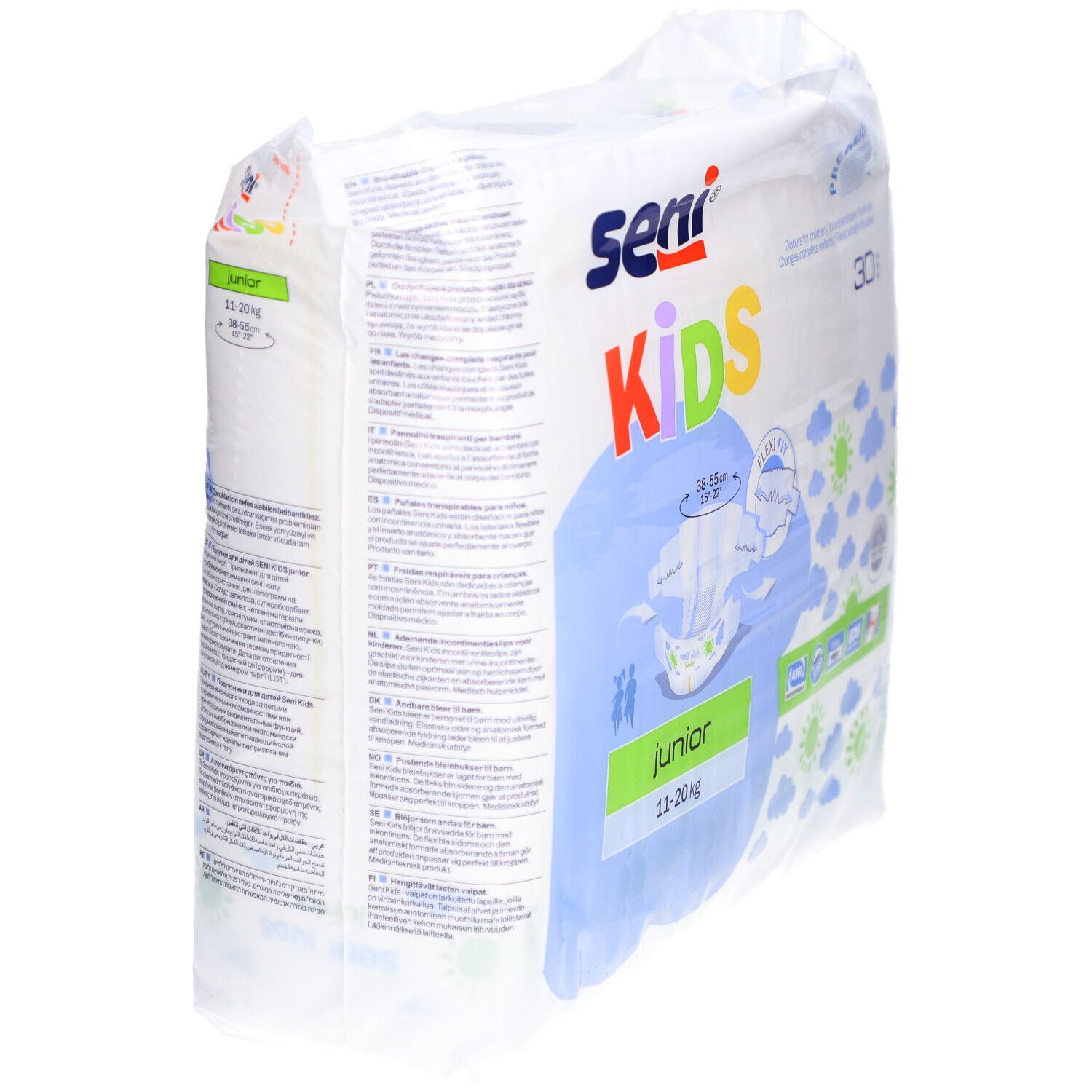 Packung SENI Kids Junior Windeln, 11-20 kg. Seitenansicht. Produktabbildung und Größenangaben auf der Verpackung.
