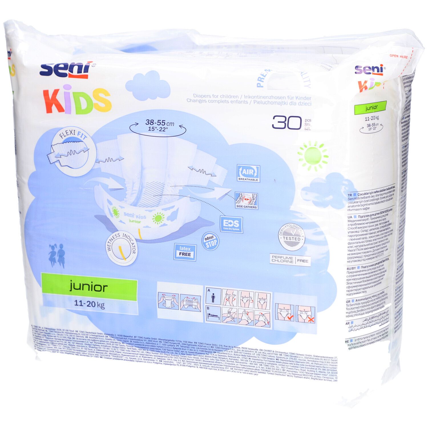 Packung SENI Kids Junior Windeln, 11-20 kg. 30 Stück. Produktabbildung und Größenangaben auf der Verpackung.