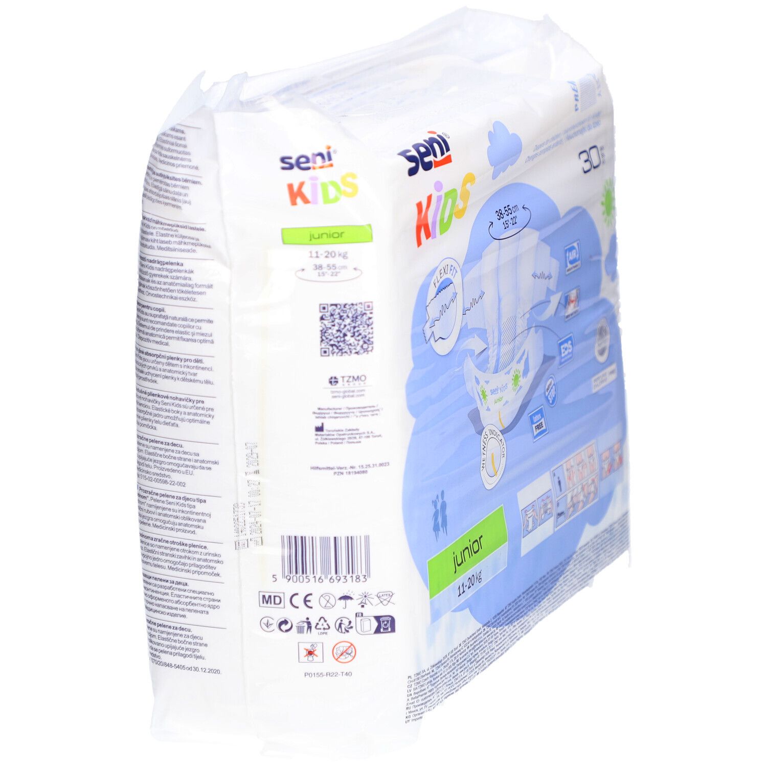 Packung SENI Kids Junior Windeln, 11-20 kg. Seitenansicht. Produktabbildung und Größenangaben auf der Verpackung.