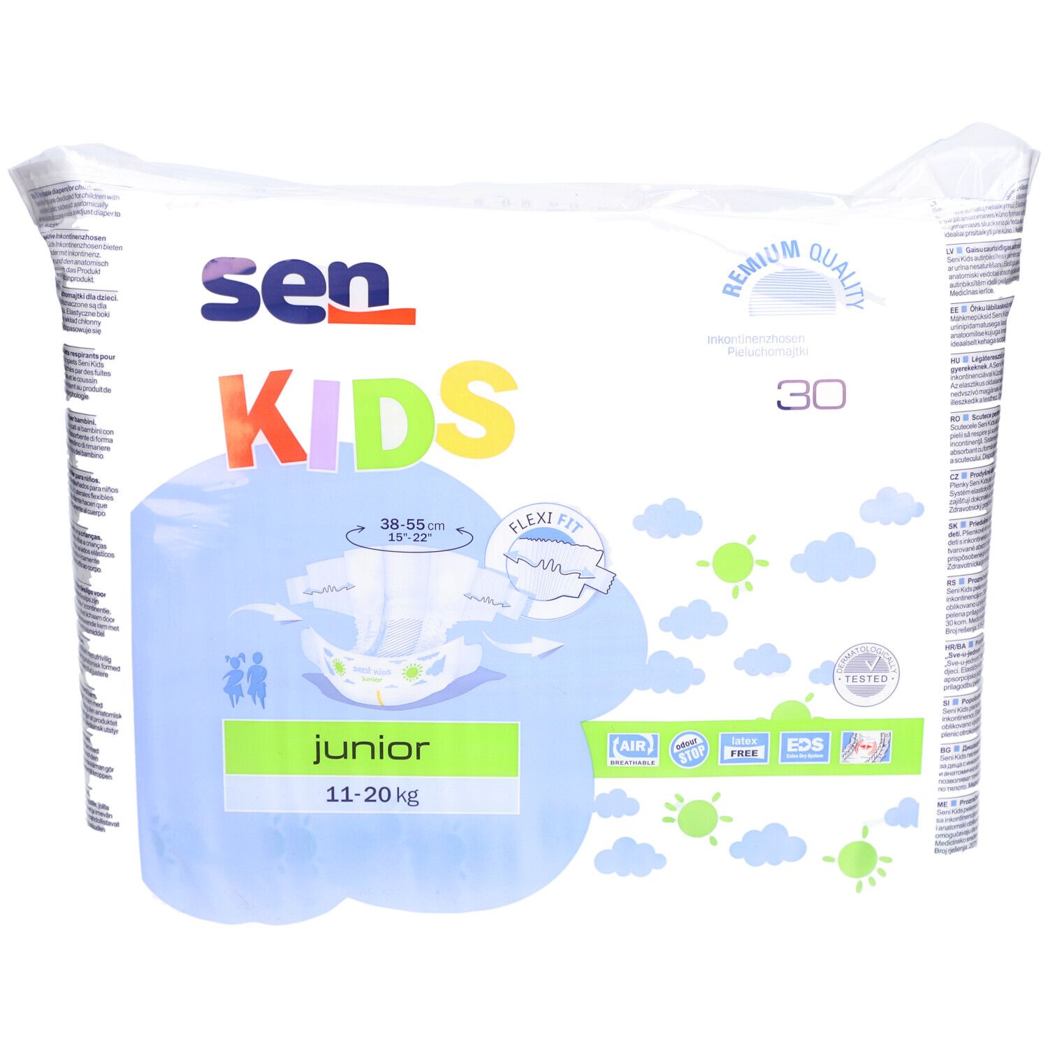 Packung SENI Kids Junior Windeln, 11-20 kg. 30 Stück. Aufdruck mit Produktabbildung und Größenangaben.