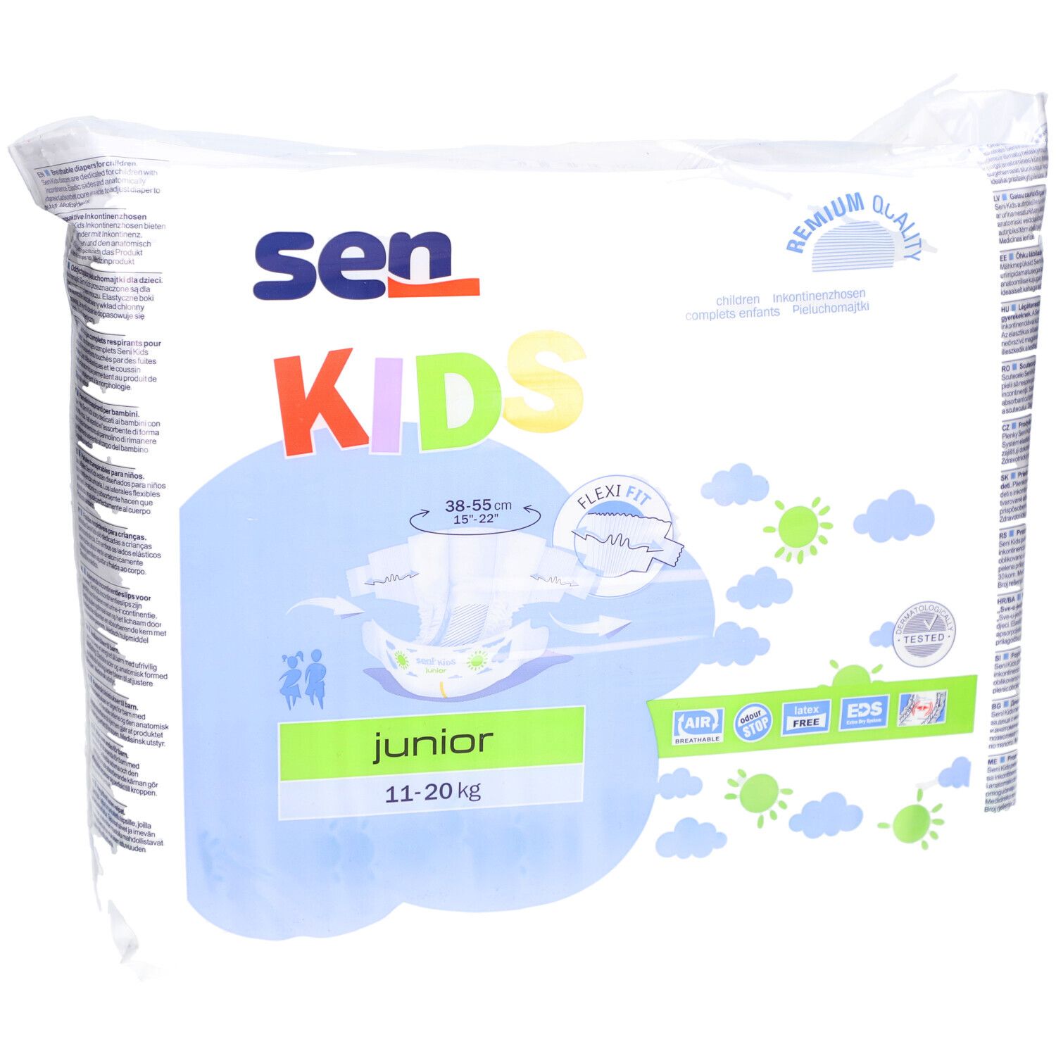 Packung SENI Kids Junior Windeln, 11-20 kg. 30 Stück. Aufdruck mit Produktabbildung und Größenangaben.
