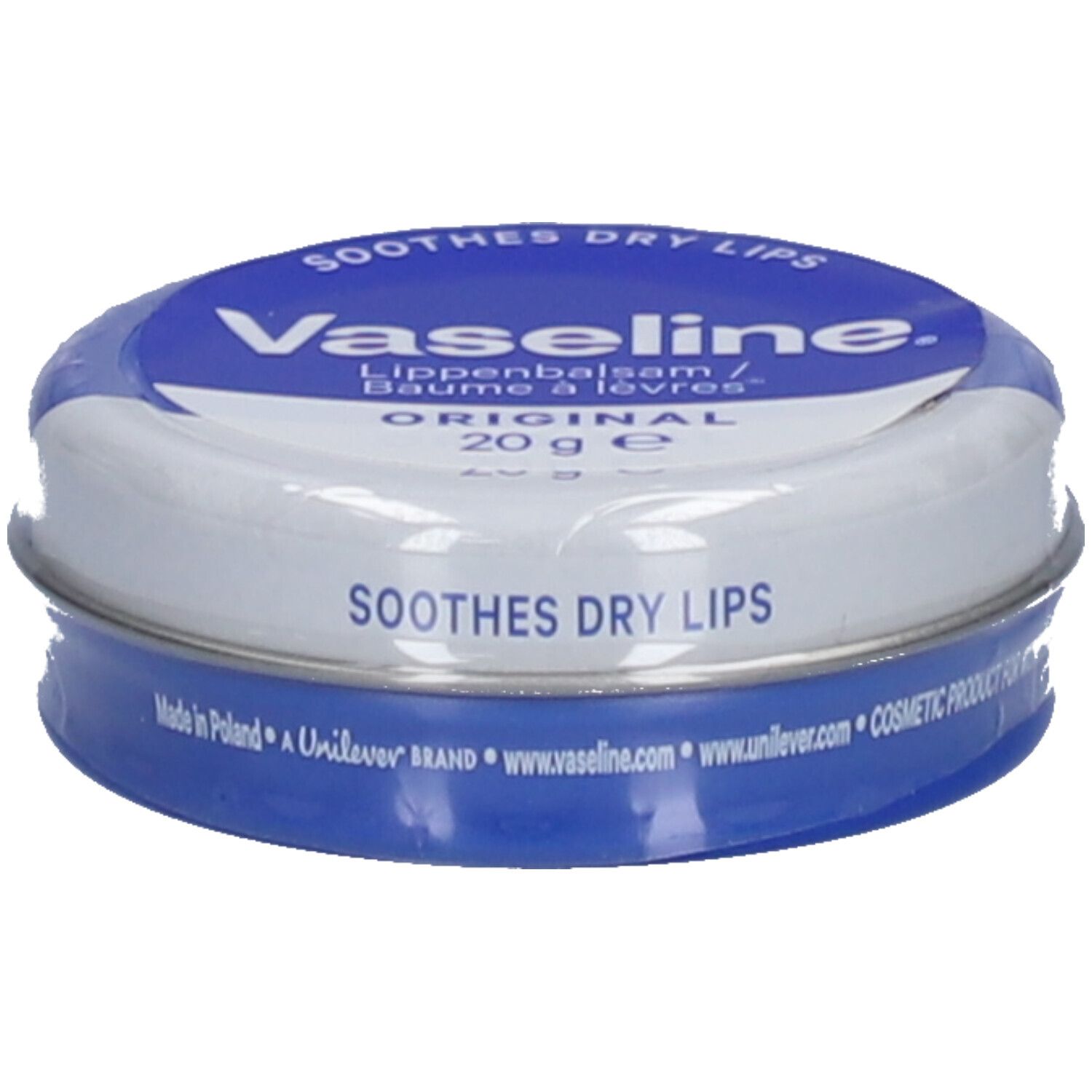 Runde Dose Vaseline® Original. Blaue und weiße Verpackung. Aufschrift: 'SOOTHES DRY LIPS'. Enthält 20g.