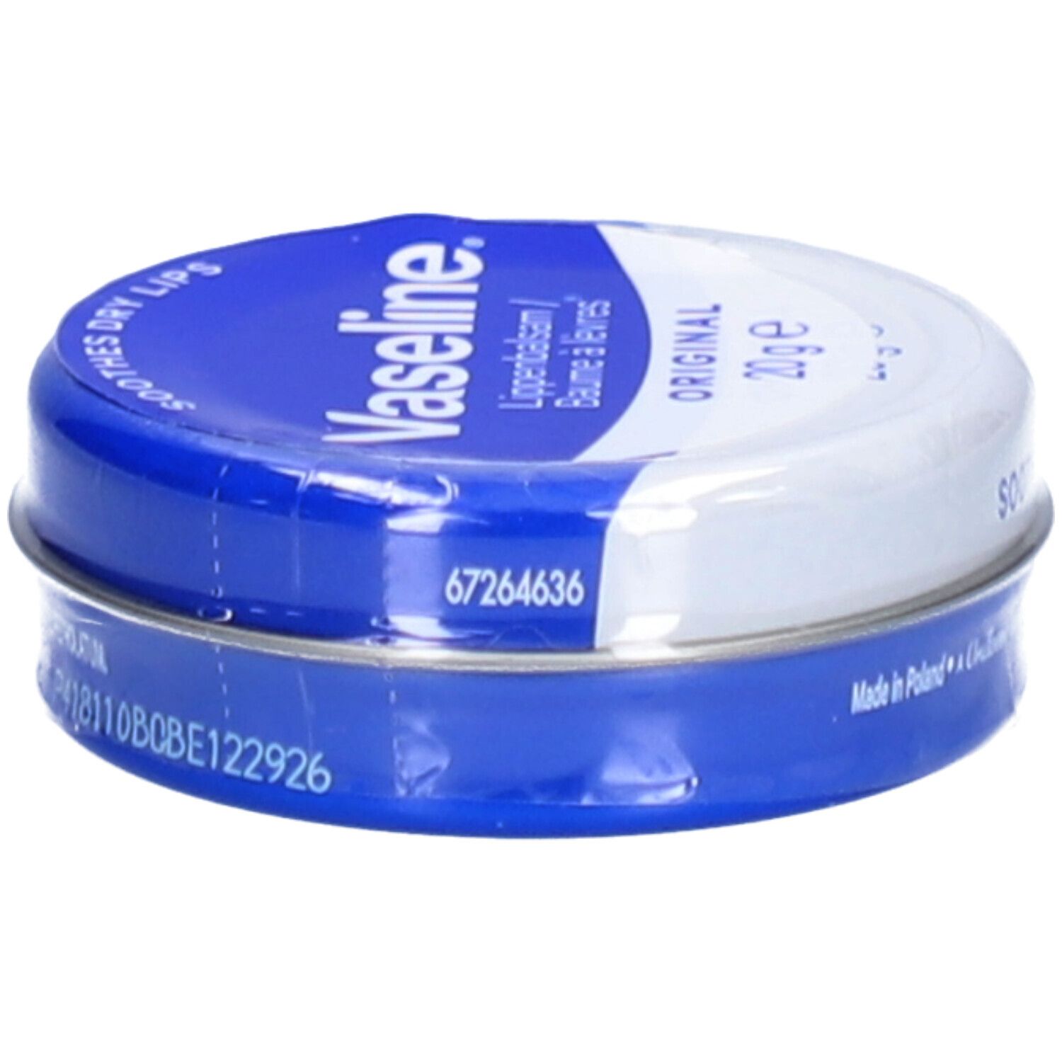 Runde Dose Vaseline® Original. Blaue und weiße Verpackung. Aufschrift: 'SOOTHES DRY LIPS'. Enthält 20g. Mit Code.