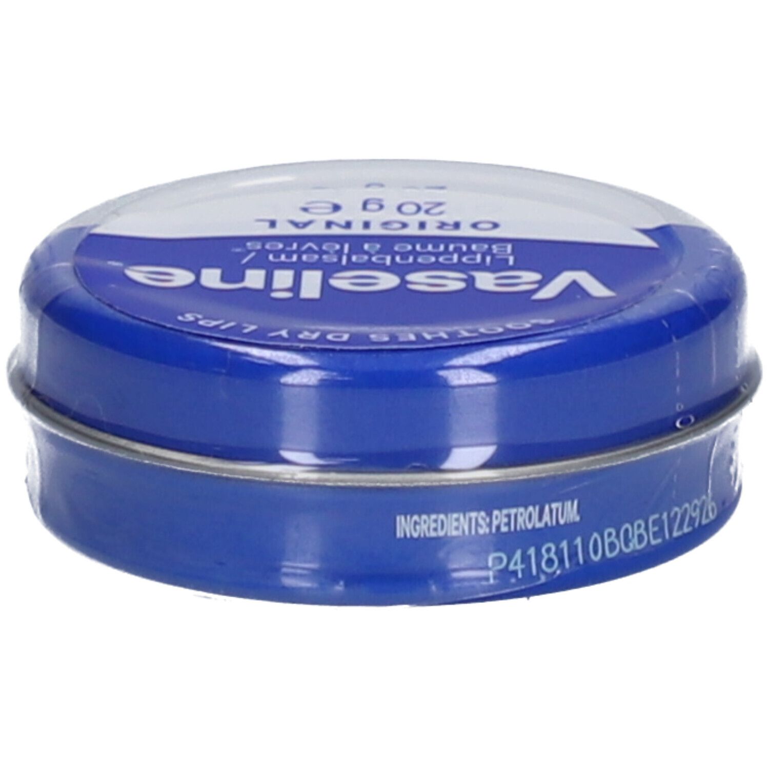 Runde Dose Vaseline® Original. Blaue und weiße Verpackung. Aufschrift: 'SOOTHES DRY LIPS'. Enthält 20g. Mit Inhaltsstoffen.