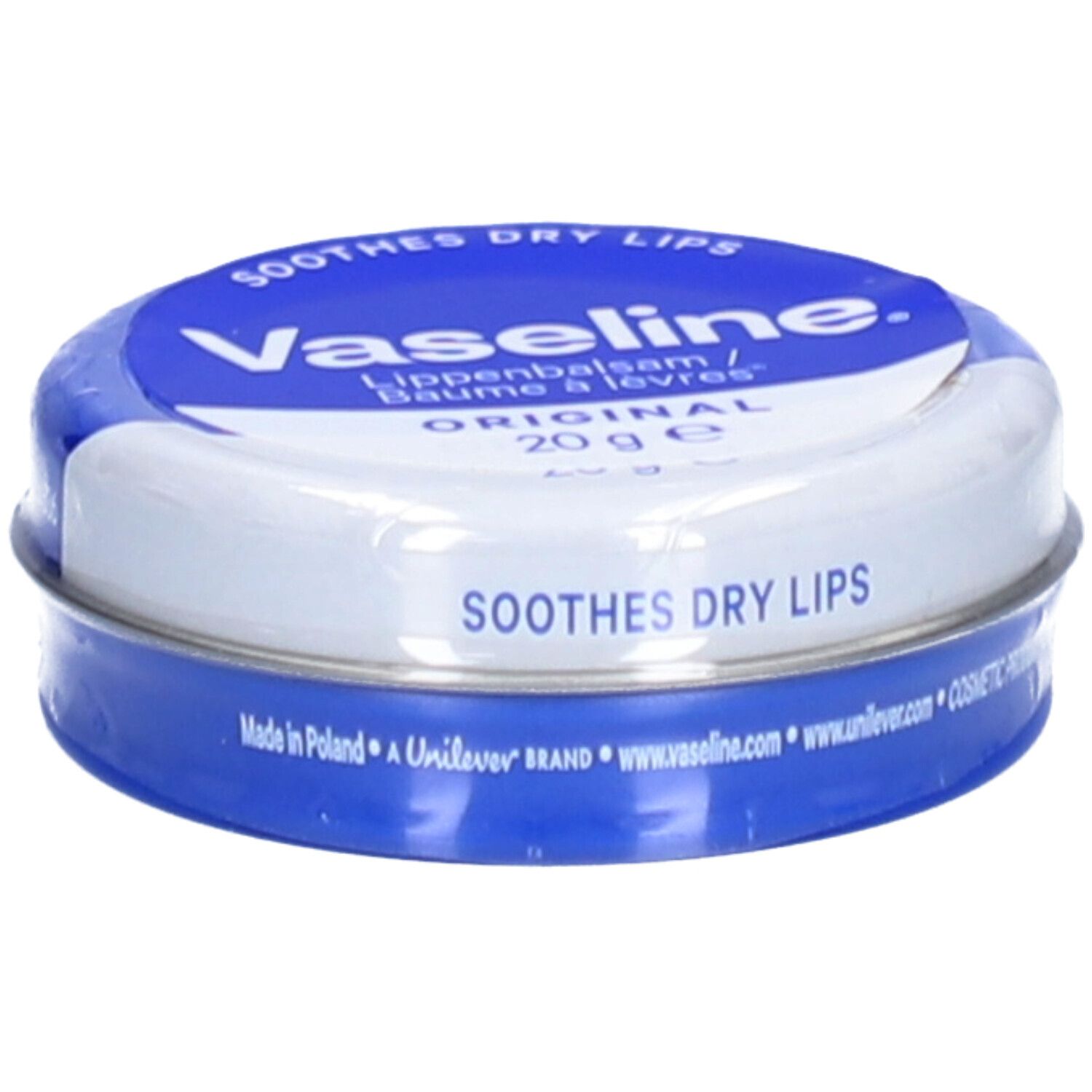 Runde Dose Vaseline® Original. Blaue und weiße Verpackung. Aufschrift: 'SOOTHES DRY LIPS'. Enthält 20g.