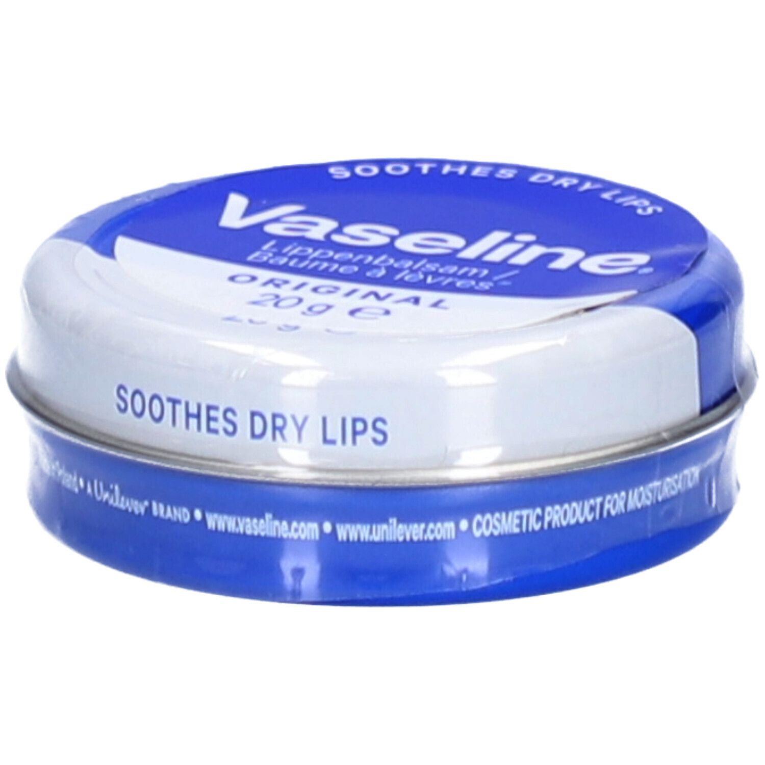 Runde Dose Vaseline® Original. Blaue und weiße Verpackung. Aufschrift: 'SOOTHES DRY LIPS'. Enthält 20g.