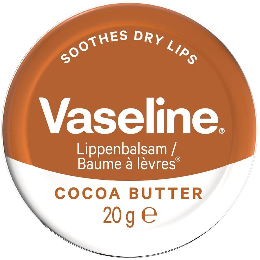 Runder Behälter mit braunem Deckel. Aufschrift: Vaseline Lippenbalsam, Cocoa Butter, 20 g. Text: Soothes dry lips.