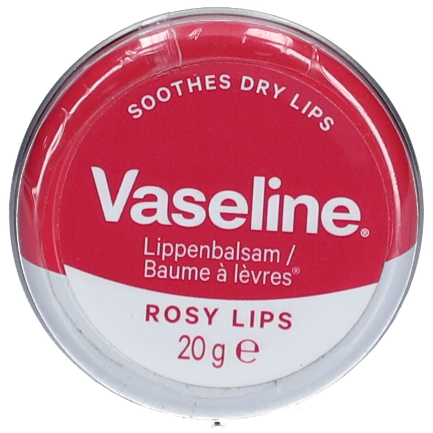 Runder Behälter mit rotem Deckel. Aufschrift: Vaseline, Lippenbalsam, Rosy Lips, 20g.