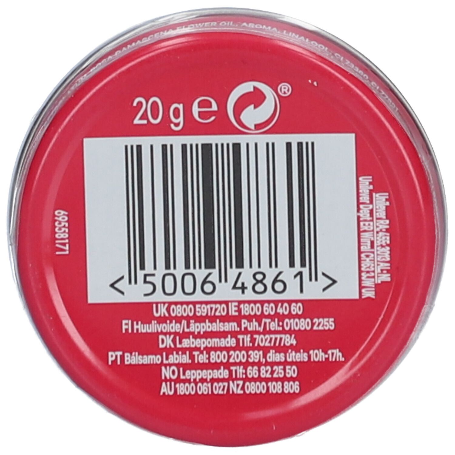 Roter Deckel mit Barcode und Text. Aufschrift: 20g.
