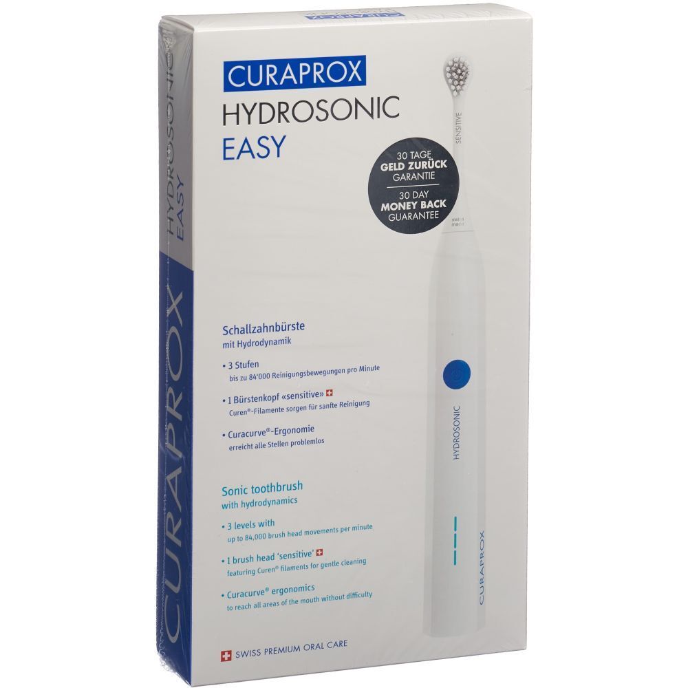 CURAPROX Hydrosonic Easy Schallzahnbürsten-Set. Weiße Verpackung mit Zahnbürste. 30 Tage Geld-zurück-Garantie.