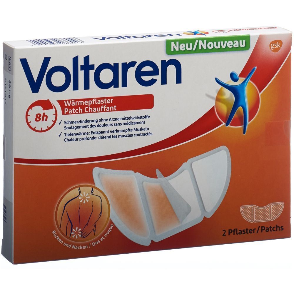 Verpackung mit "Voltaren" und "Wärmepflaster". Enthält 2 Pflaster. Orange-weißes Design mit Abbildung eines Rückens.