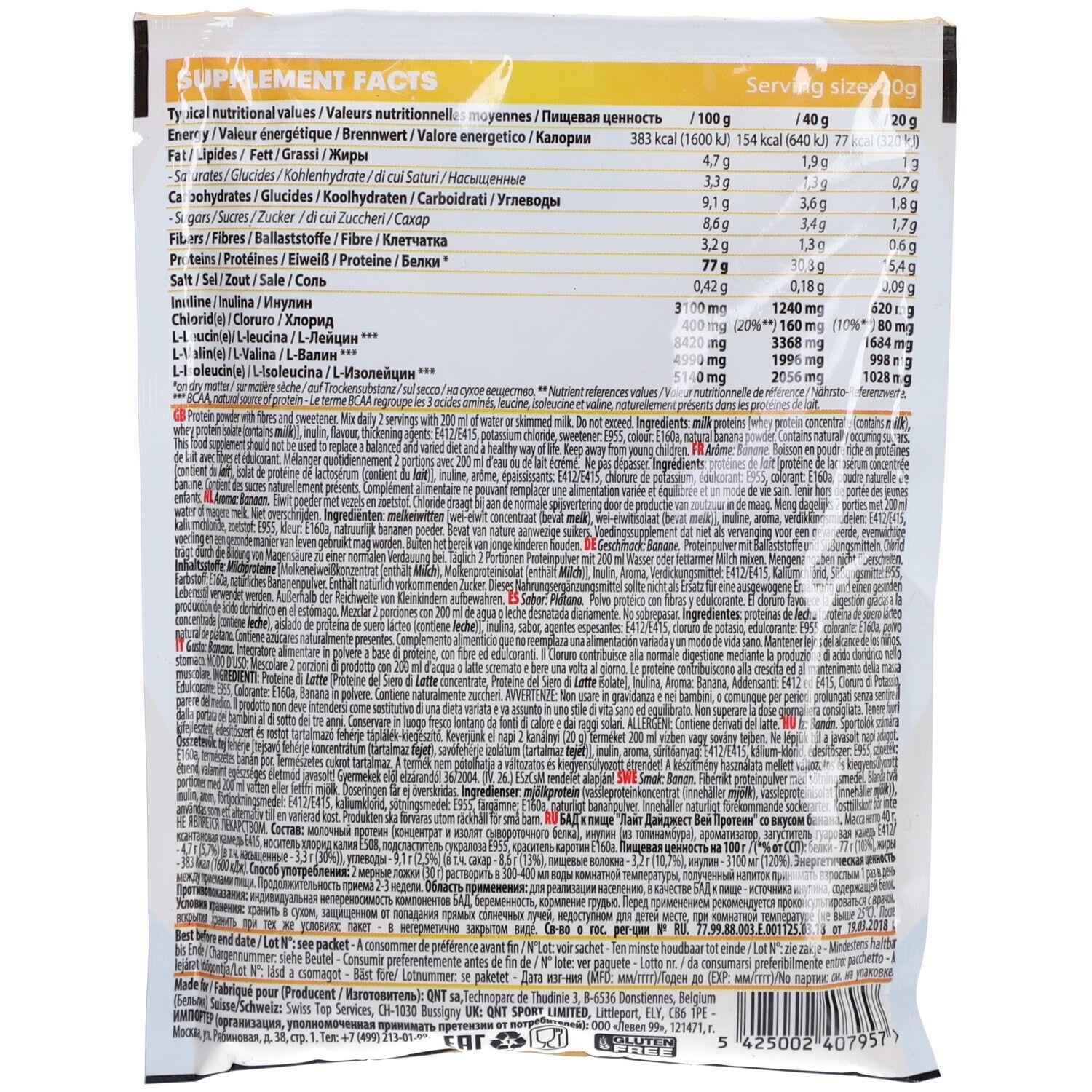 Dos du sachet QNT Light Digest Whey Protein Banana. Contient les informations nutritionnelles et la liste des ingrédients.
