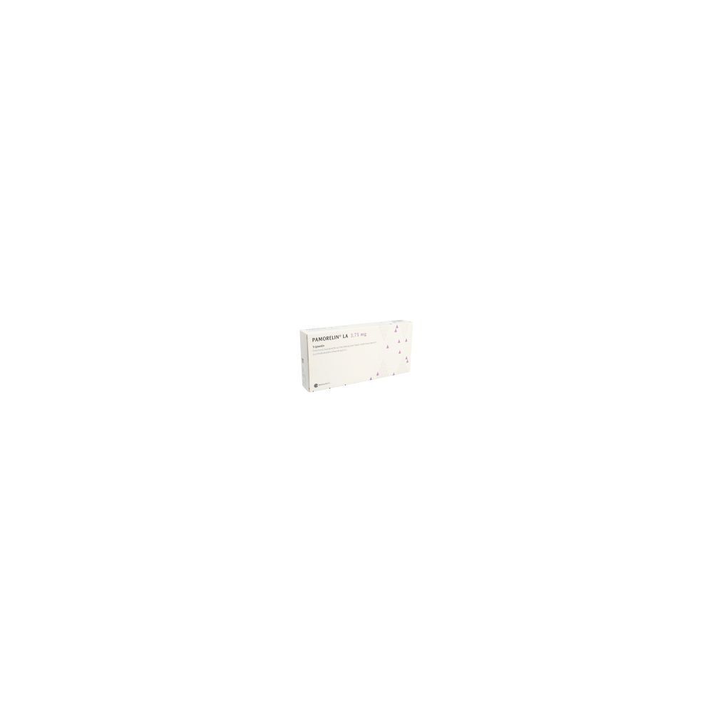 Emballage en carton blanc. Inscription: PAMORELIN LA Trockensub 3.75 mg c Solv (Adapter). Forme rectangulaire.