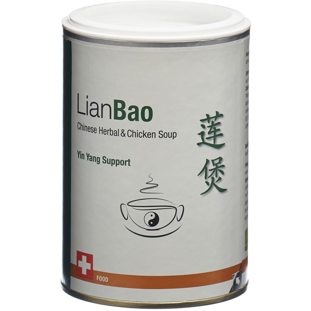 Dose LIANBAO Chinese Herb Chick Soup. Weiß, mit Logo, Schriftzug und Yin-Yang-Symbol. Roter Streifen unten.