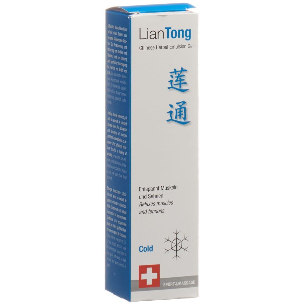 Karton mit Produkt LIANTONG Chinese Herbal Emulsion Gel. Blaue und weiße Verpackung. Text in Deutsch und Chinesisch.