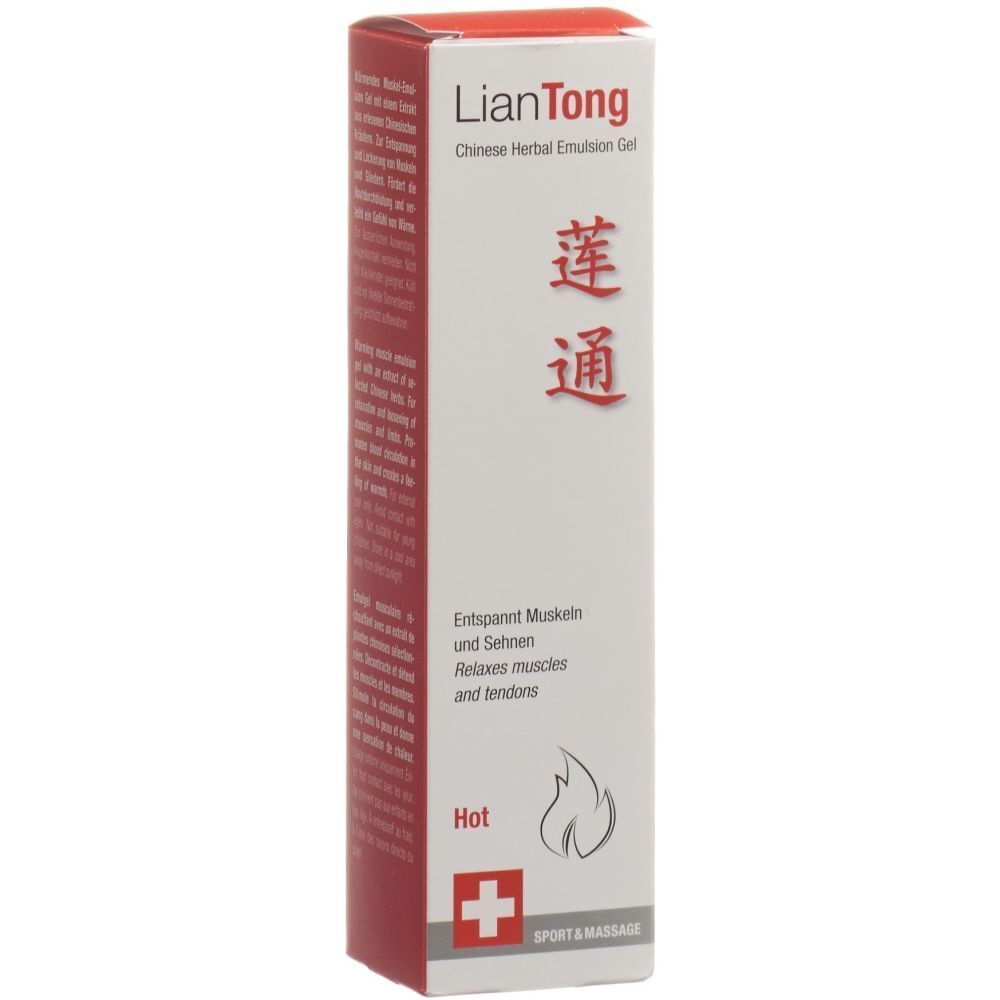 Weiße Schachtel mit roter und schwarzer Schrift. Enthält LIANTONG Chinese Herbal Emulsion Gel. Schweizer Kreuz.