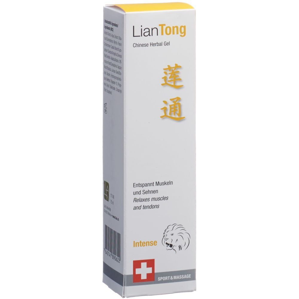 Weißer Karton mit Produktnamen und chinesischen Schriftzeichen. Rotes Kreuz-Logo und Löwen-Symbol.