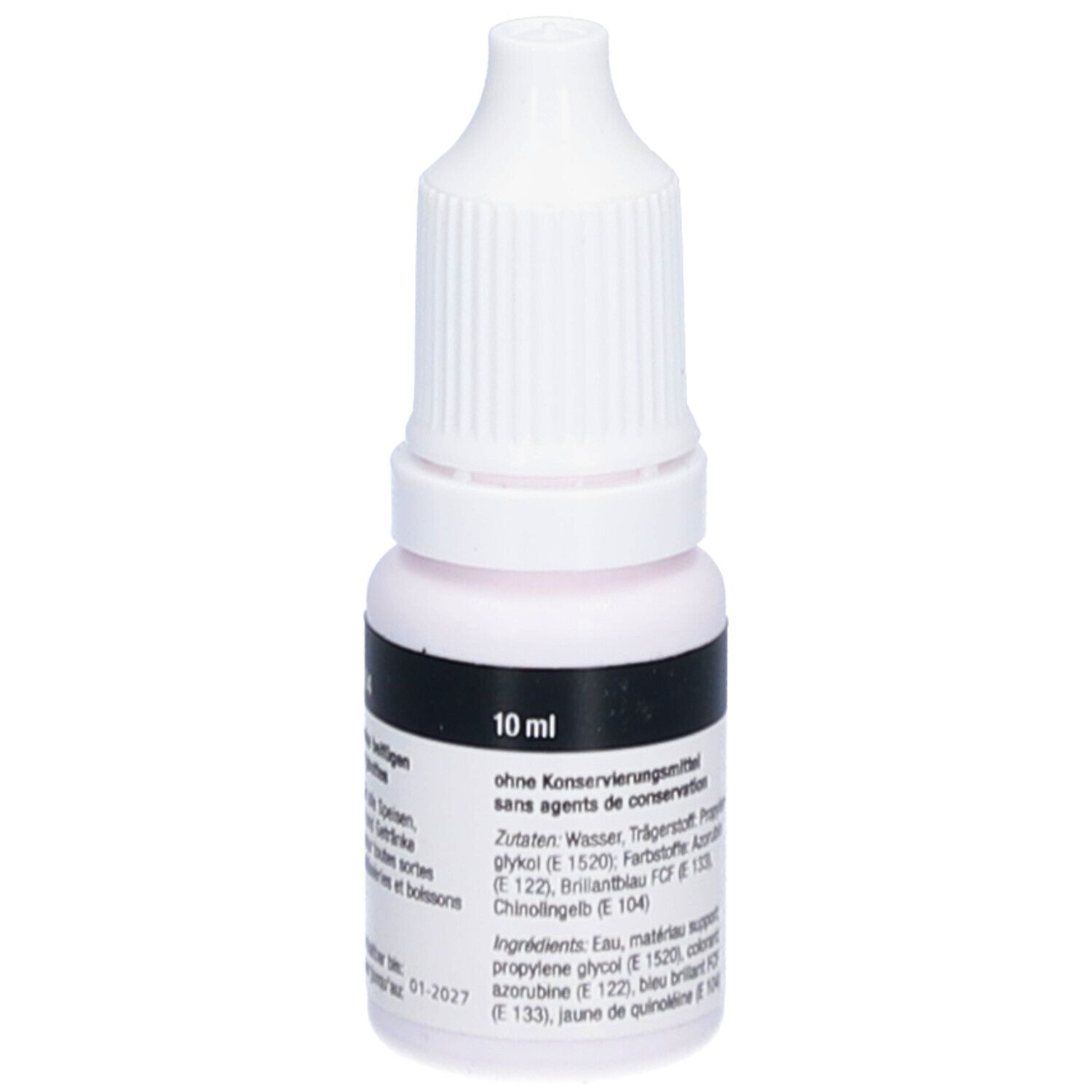 Kleine Flasche mit weißem Verschluss. Aufschrift: 10 ml. Zutaten: Wasser, Propylenglykol, Azorubin, Chinolingelb. Rückseite.