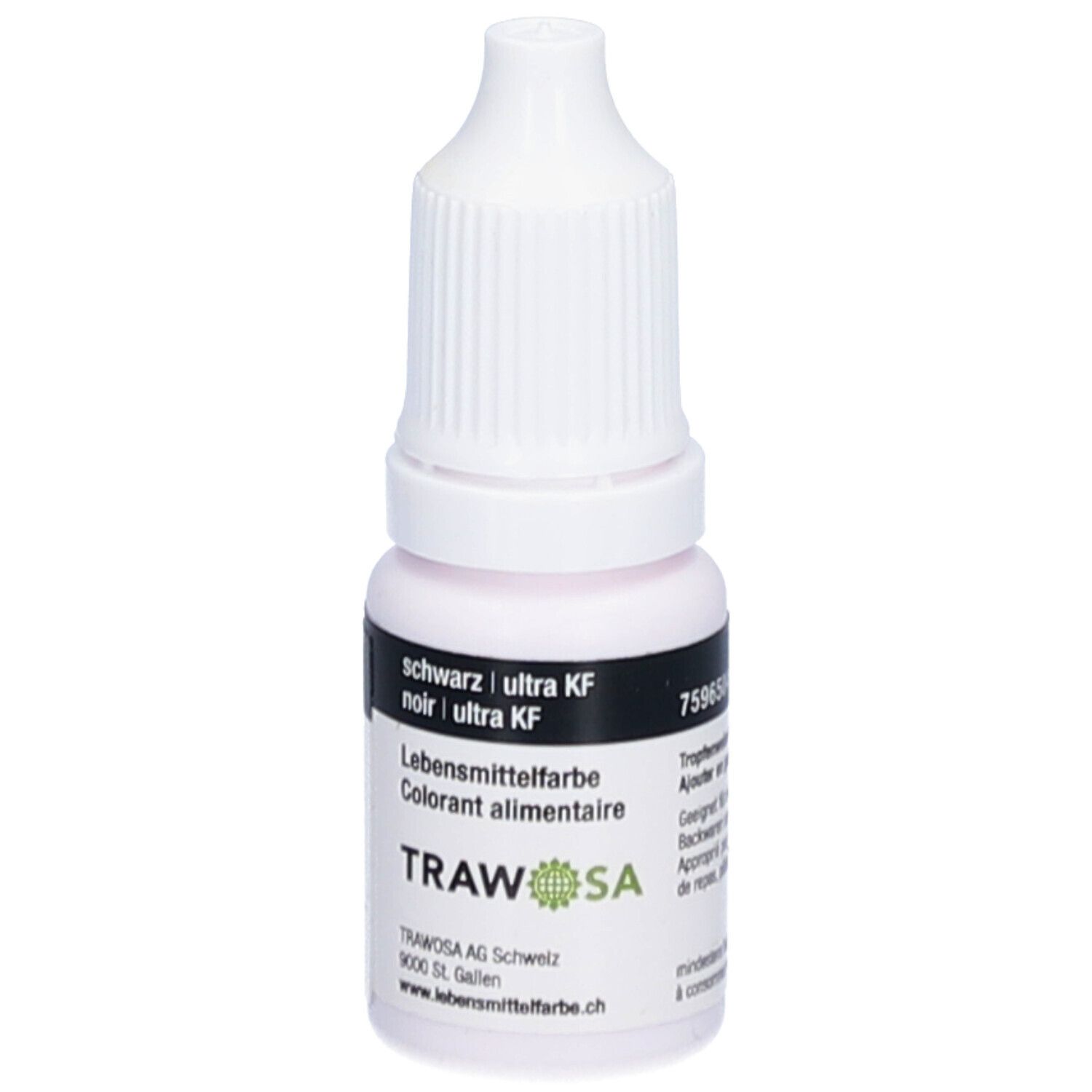 Kleine Flasche mit weißem Verschluss. Aufschrift: schwarz | ultra KF, Lebensmittelfarbe, TRAWOSA. Tropfflasche. Aufkleber mit Nummer.