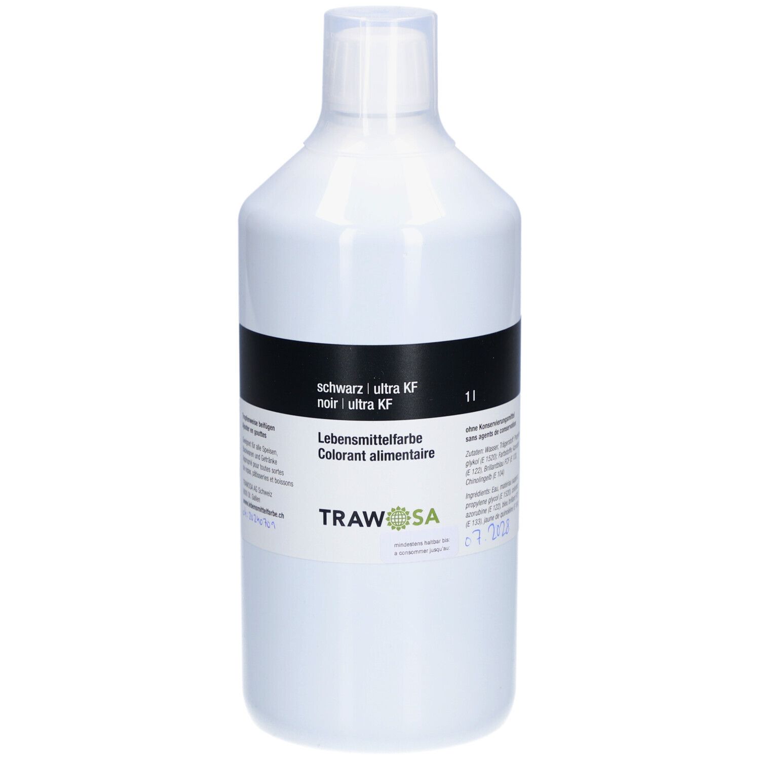 Weiße Flasche mit schwarzem Band. Aufschrift: TRAWOSA, Lebensmittelfarbe, schwarz ultra KF. 1l.