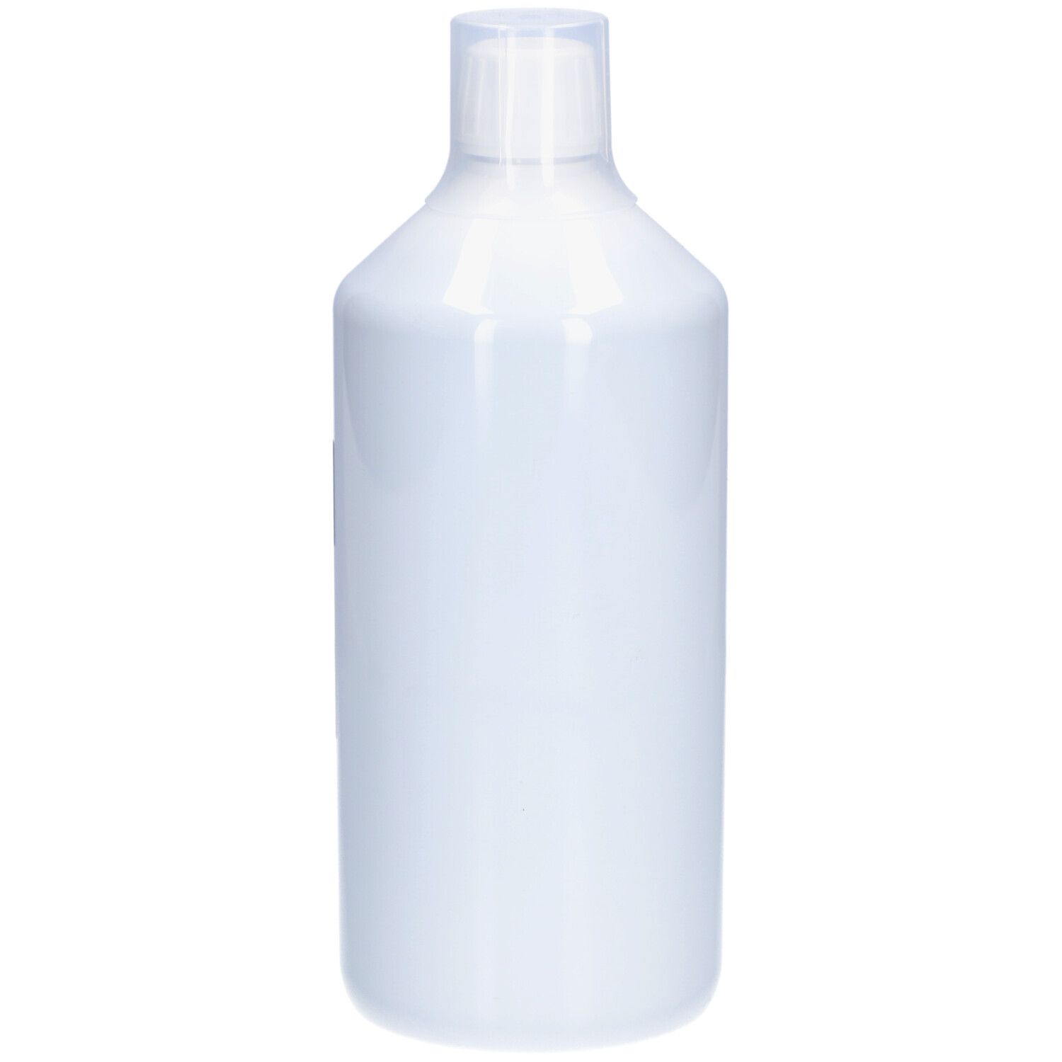 Weiße, zylindrische Flasche mit weißem Verschluss. Aufschrift nicht erkennbar.