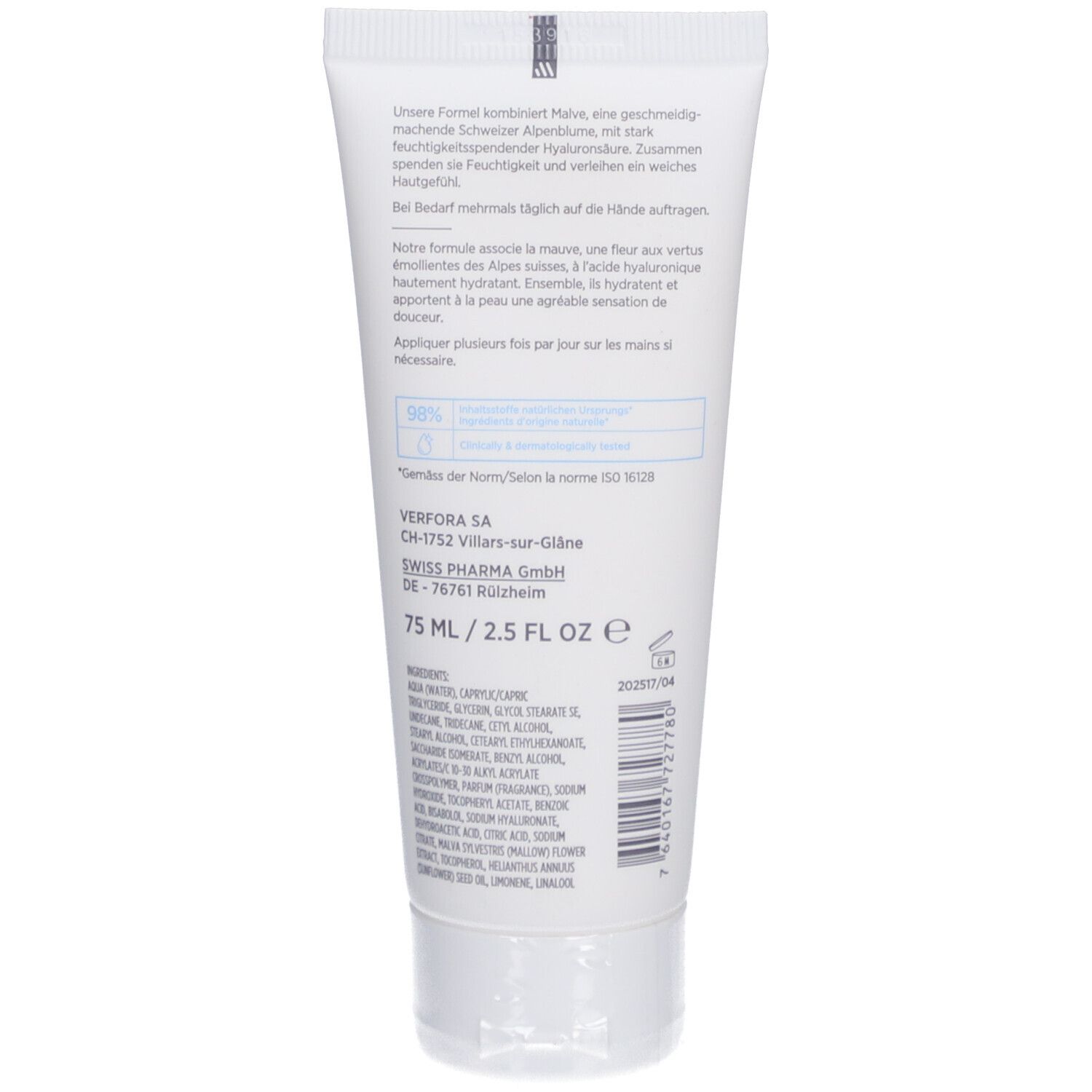 Rückseite der Tube. Text: 75 ml / 2.5 FL OZ, Inhaltsstoffe, Herstellerinformationen, Schweizer Qualitätszeichen.