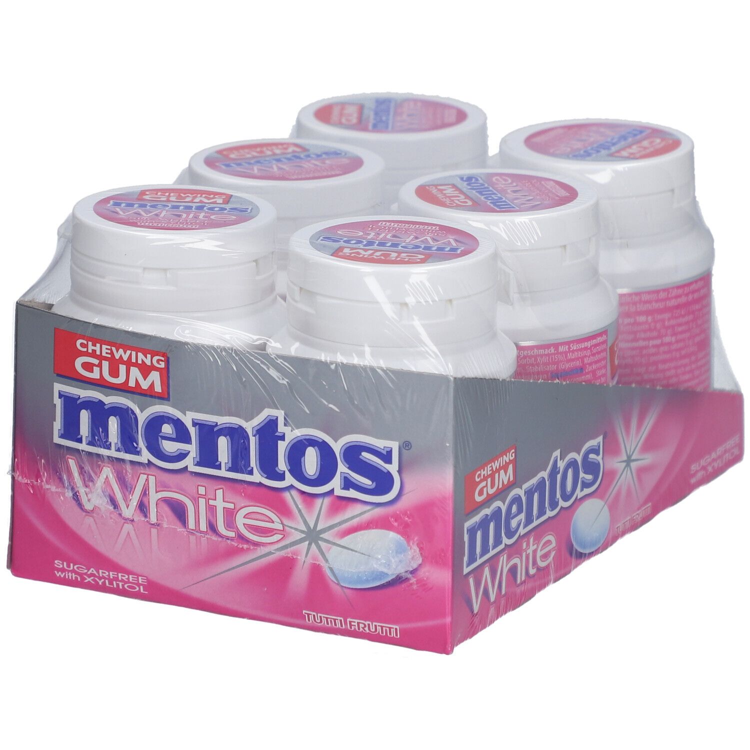 Sechs Flaschen Mentos White Kaugummi in einer Verpackung. Weiße Flaschen mit rosa Etiketten und Deckeln. Verpackung mit Mentos-Logo.