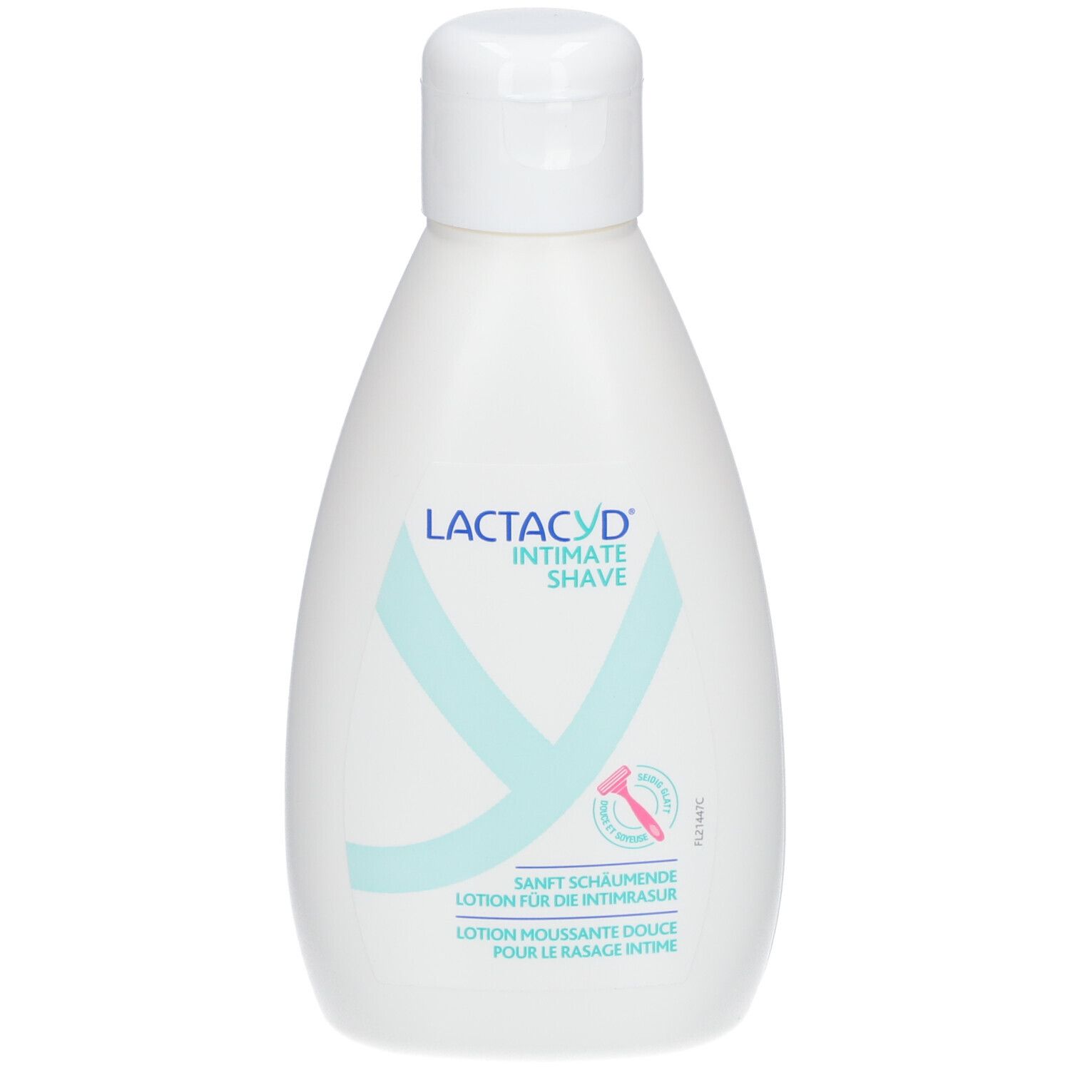 Weißliche Flasche mit Klappverschluss. Aufschrift LACTACYD INTIMATE SHAVE. Türkisfarbenes Y-Symbol und Rasierer-Symbol.