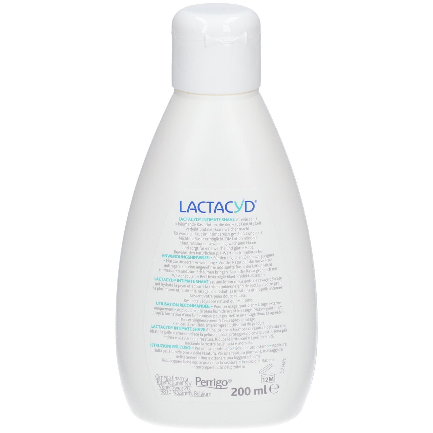 Weißliche Flasche mit Klappverschluss. Rückseite mit Text. Aufschrift LACTACYD INTIMATE SHAVE. 200 ml.