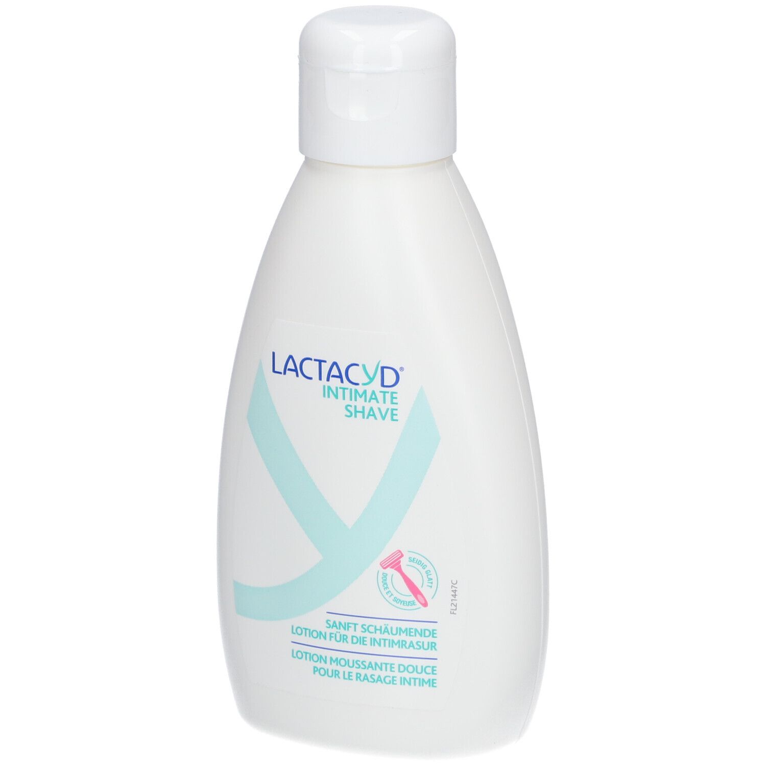 Weißliche Flasche mit Klappverschluss. Aufschrift LACTACYD INTIMATE SHAVE. Türkis Y-Symbol und Rasierer-Symbol.