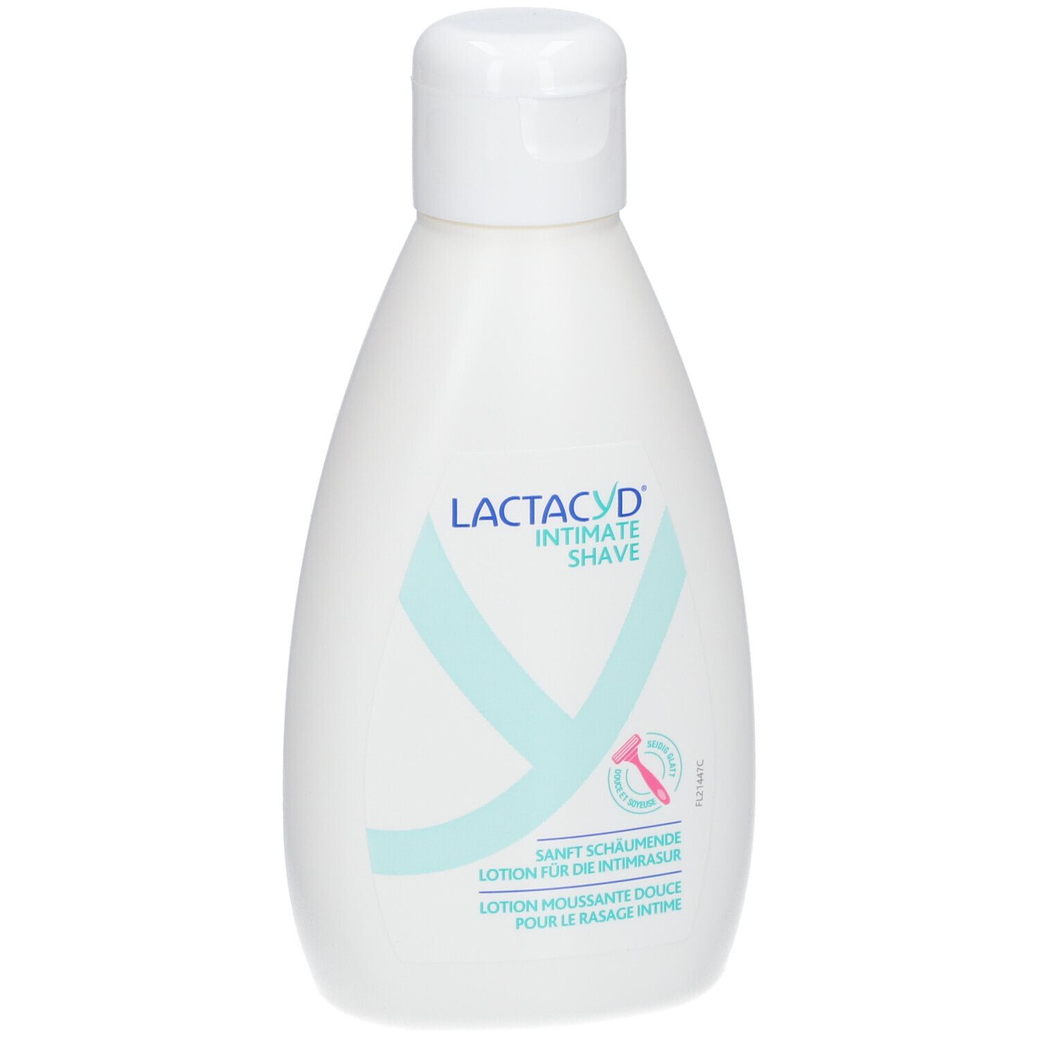 Weißliche Flasche mit Klappverschluss. Aufschrift LACTACYD INTIMATE SHAVE. Türkis Y-Symbol und Rasierer-Symbol.