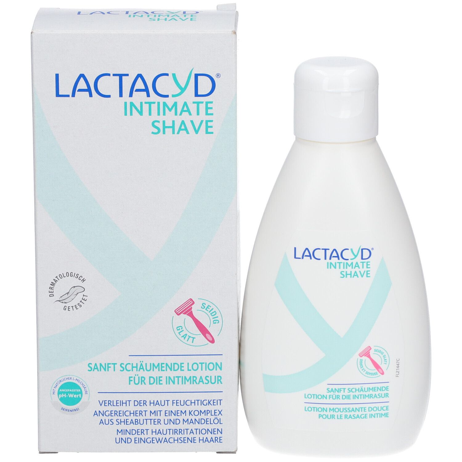 Produktflasche und Verpackung. Flasche: LACTACYD INTIMATE SHAVE. Verpackung: Text, Logo, türkises Y-Symbol, Rasierer-Symbol.