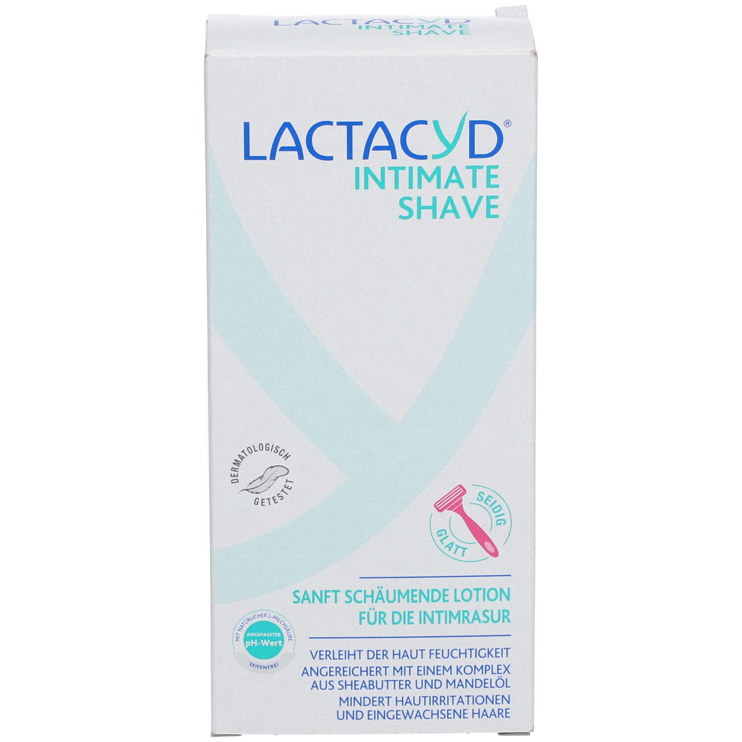 Produktverpackung. Aufschrift LACTACYD INTIMATE SHAVE. Türkises Y-Symbol, Rasierer-Symbol. Text.