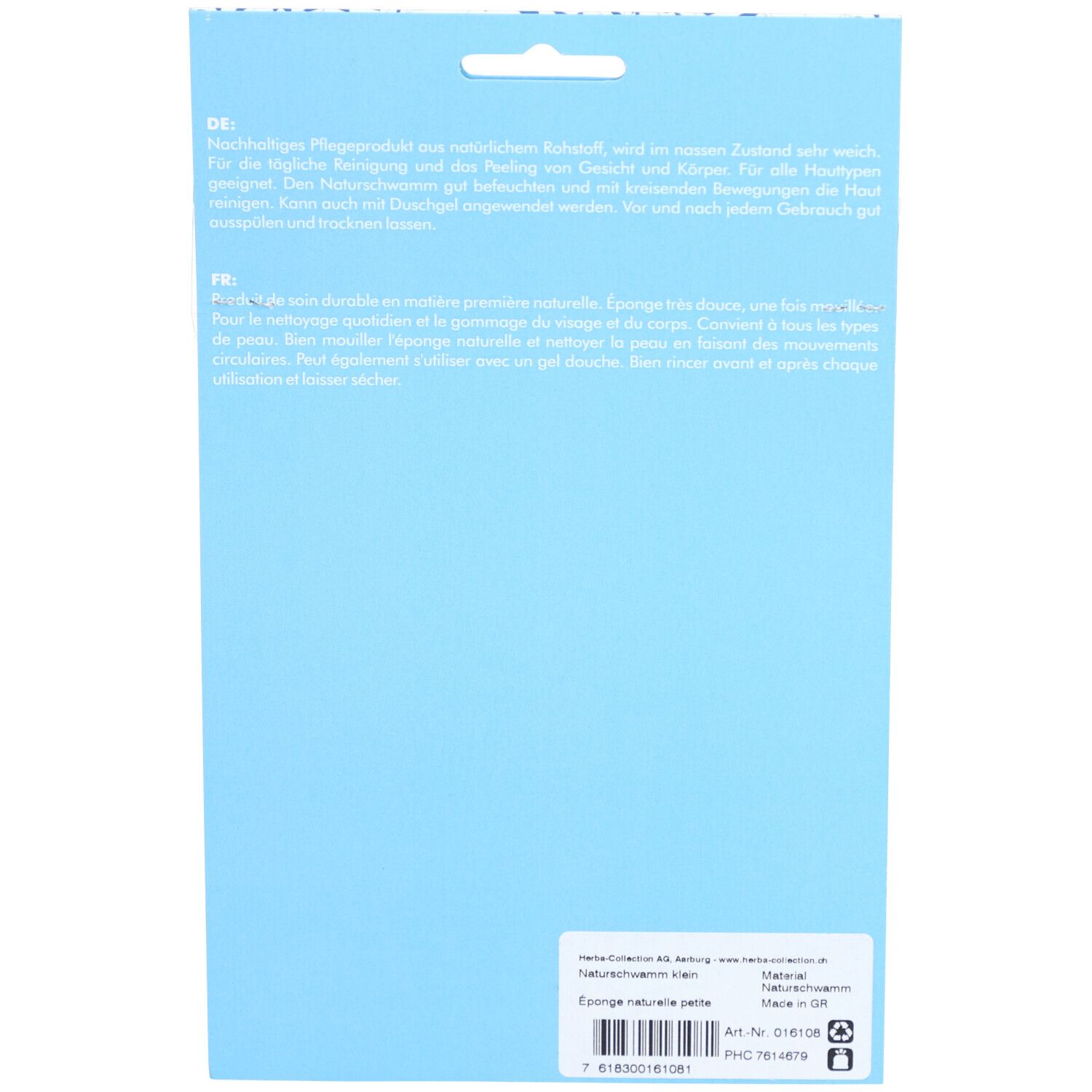 Rückseite der Verpackung mit Text in Deutsch und Französisch. Produktname: "Eponge naturelle petite".