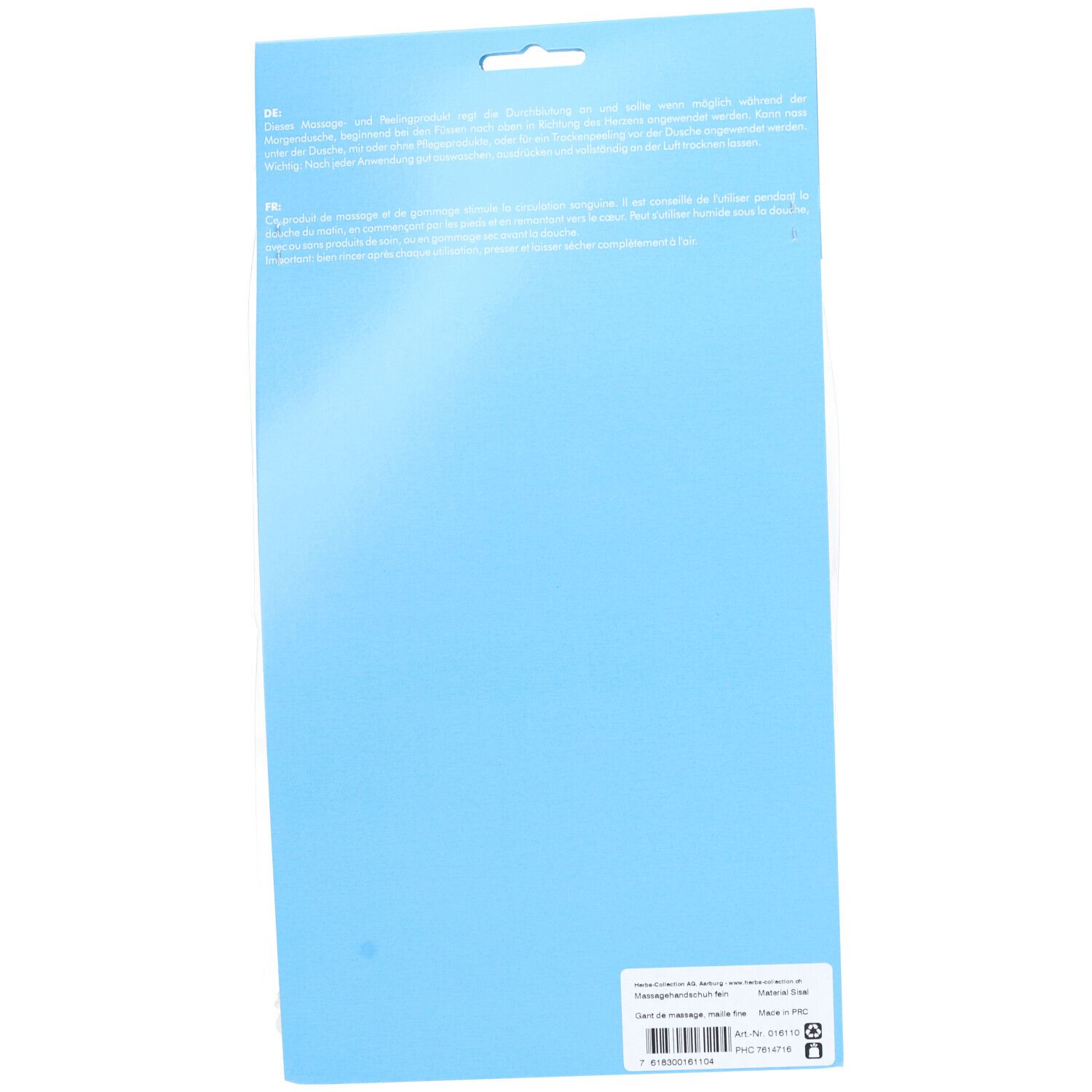 Rückseite der Produktverpackung. Blauer Hintergrund mit Text.
