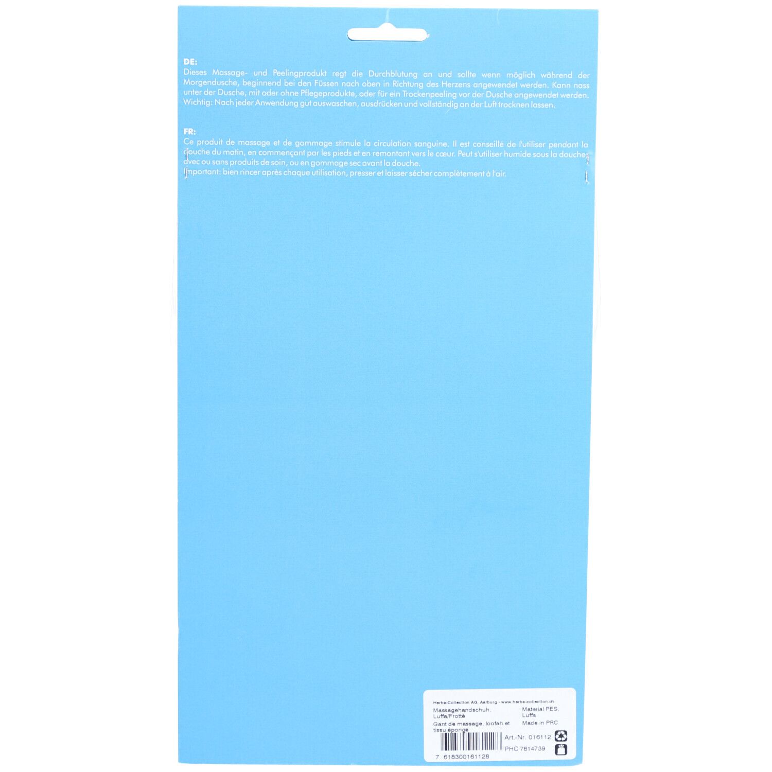Rückseite der Verpackung. Blauer Hintergrund, weißer Text. Informationen zum Produkt.