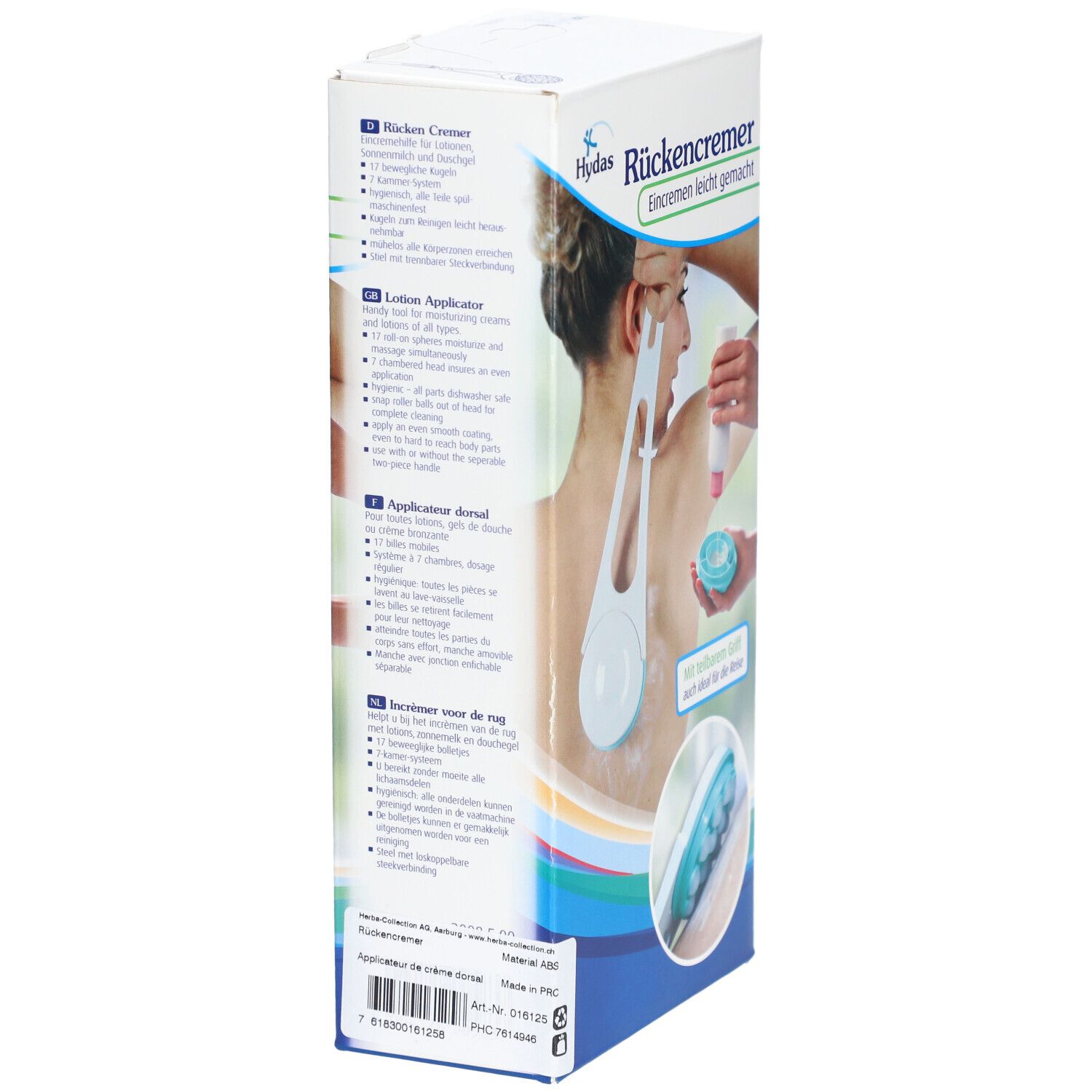 Rückseite der Hydas Rückencremer Verpackung. Text in Deutsch, Englisch, Französisch, Italienisch und Niederländisch. Produktabbildung.