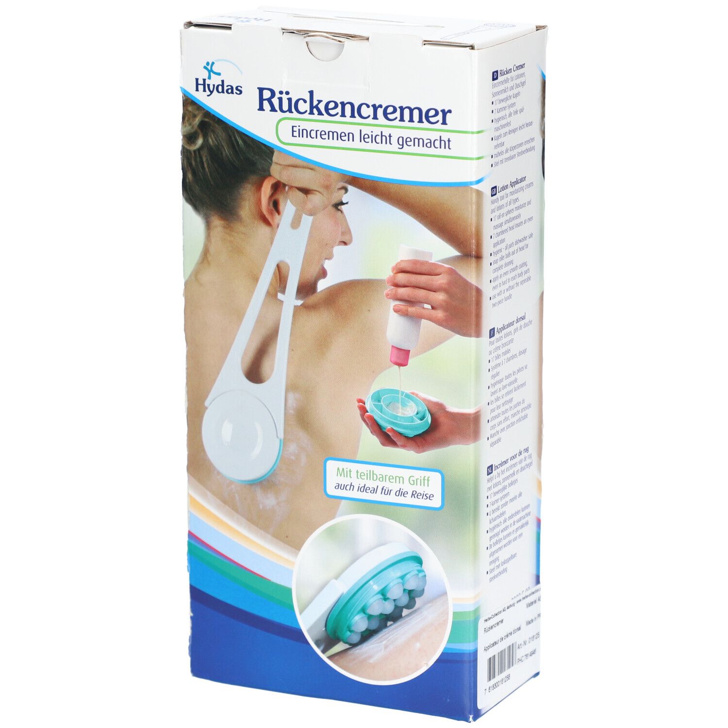 Verpackung der Hydas Rückencremer. Produktabbildung mit Cremehilfe und Frau. Text: Rückencremer, Eincremen leicht gemacht.