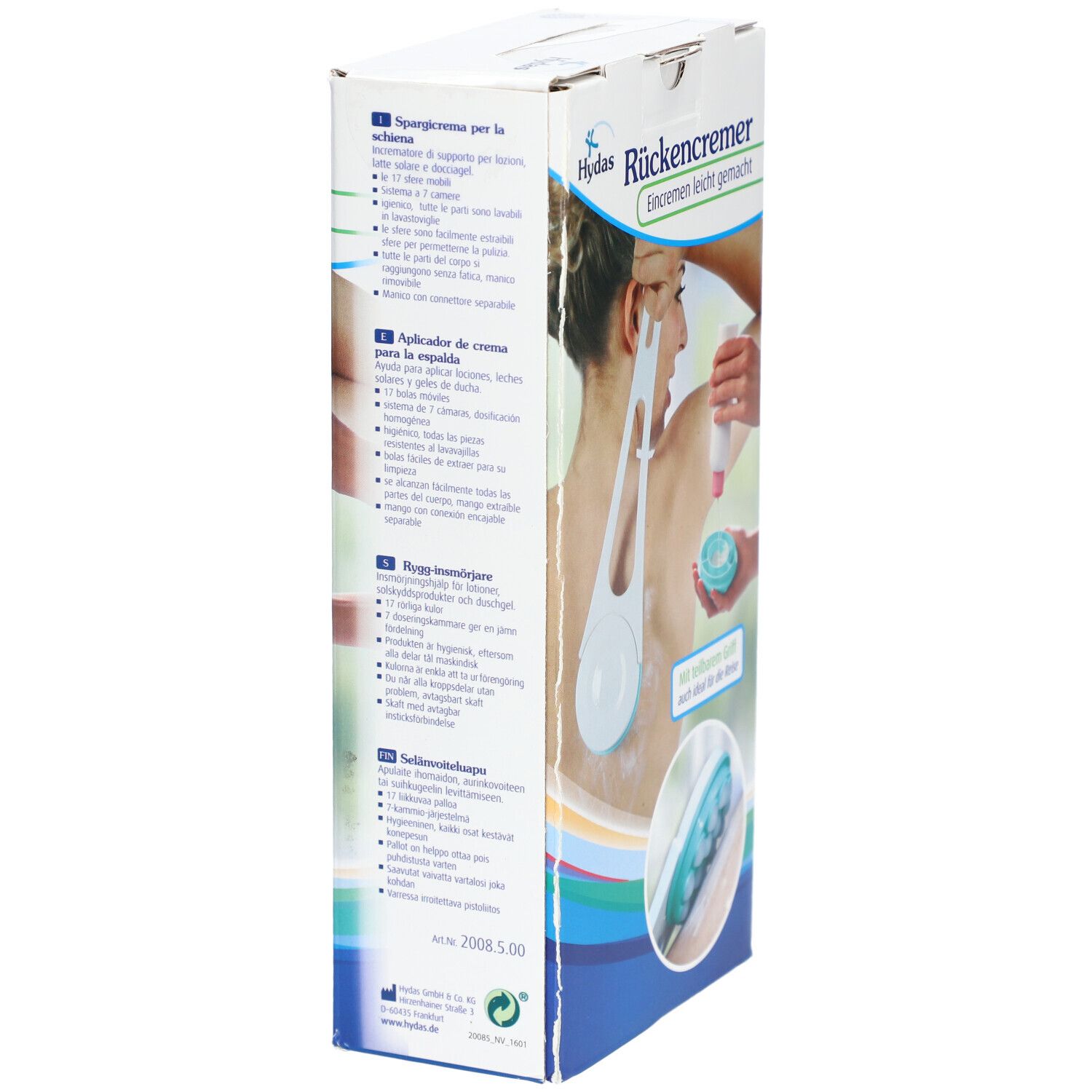 Rückseite der Hydas Rückencremer Verpackung. Text in Deutsch, Englisch, Französisch, Italienisch und Niederländisch. Produktabbildung.