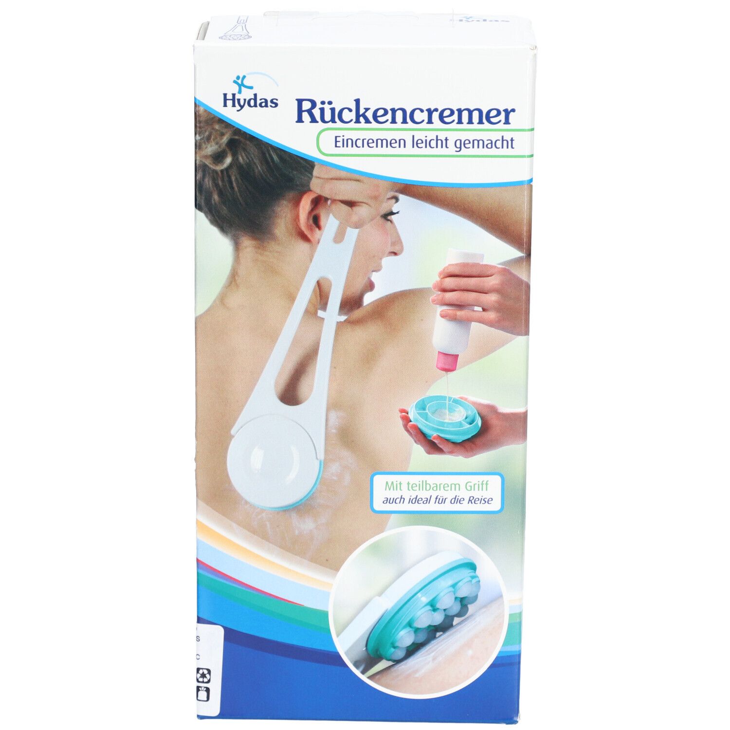Verpackung der Hydas Rückencremer. Produktabbildung mit Cremehilfe und Frau. Text: Rückencremer, Eincremen leicht gemacht.